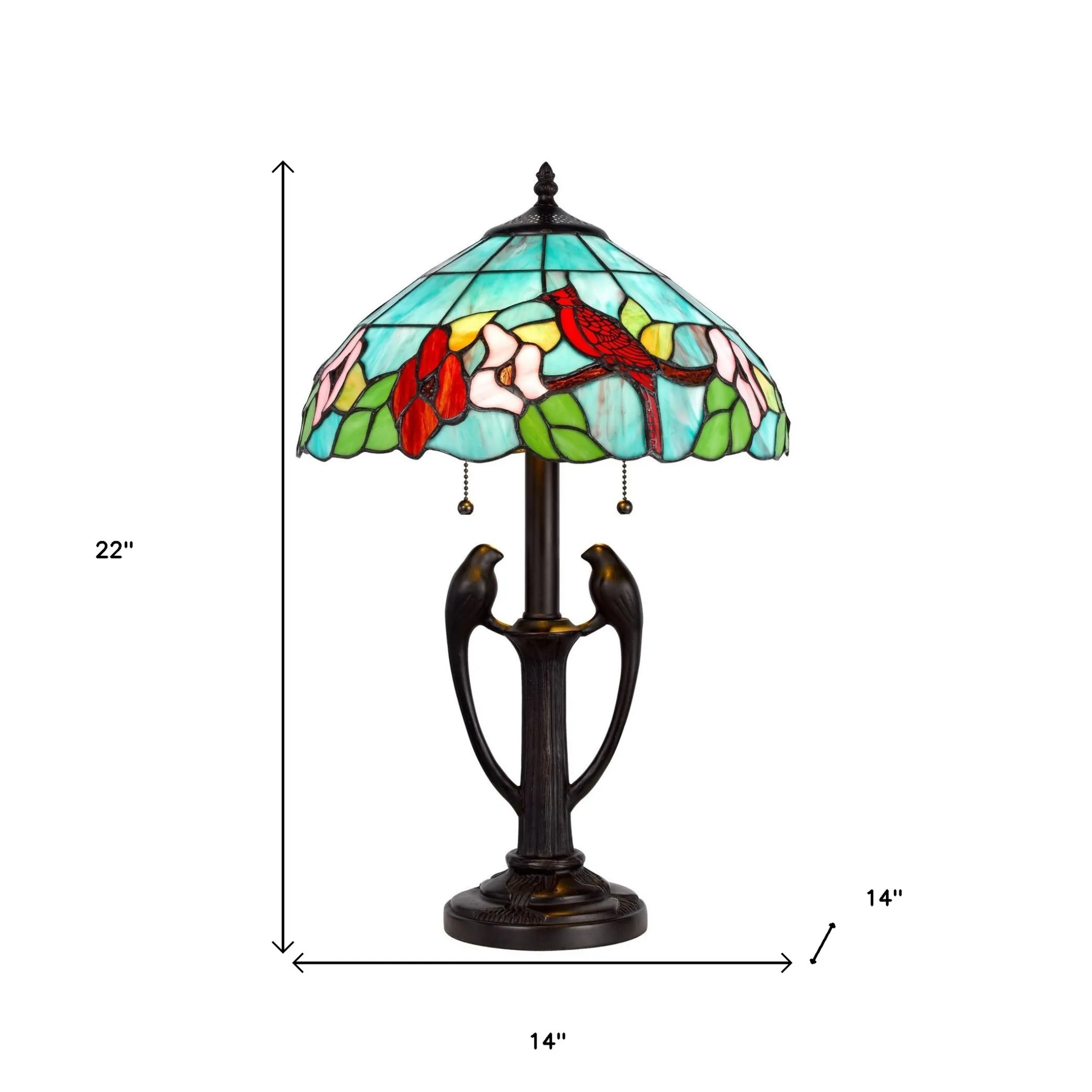 22" Bronze Two Light Tiffany Table Lamp With Aqua and Red Floral Shade - Image 6