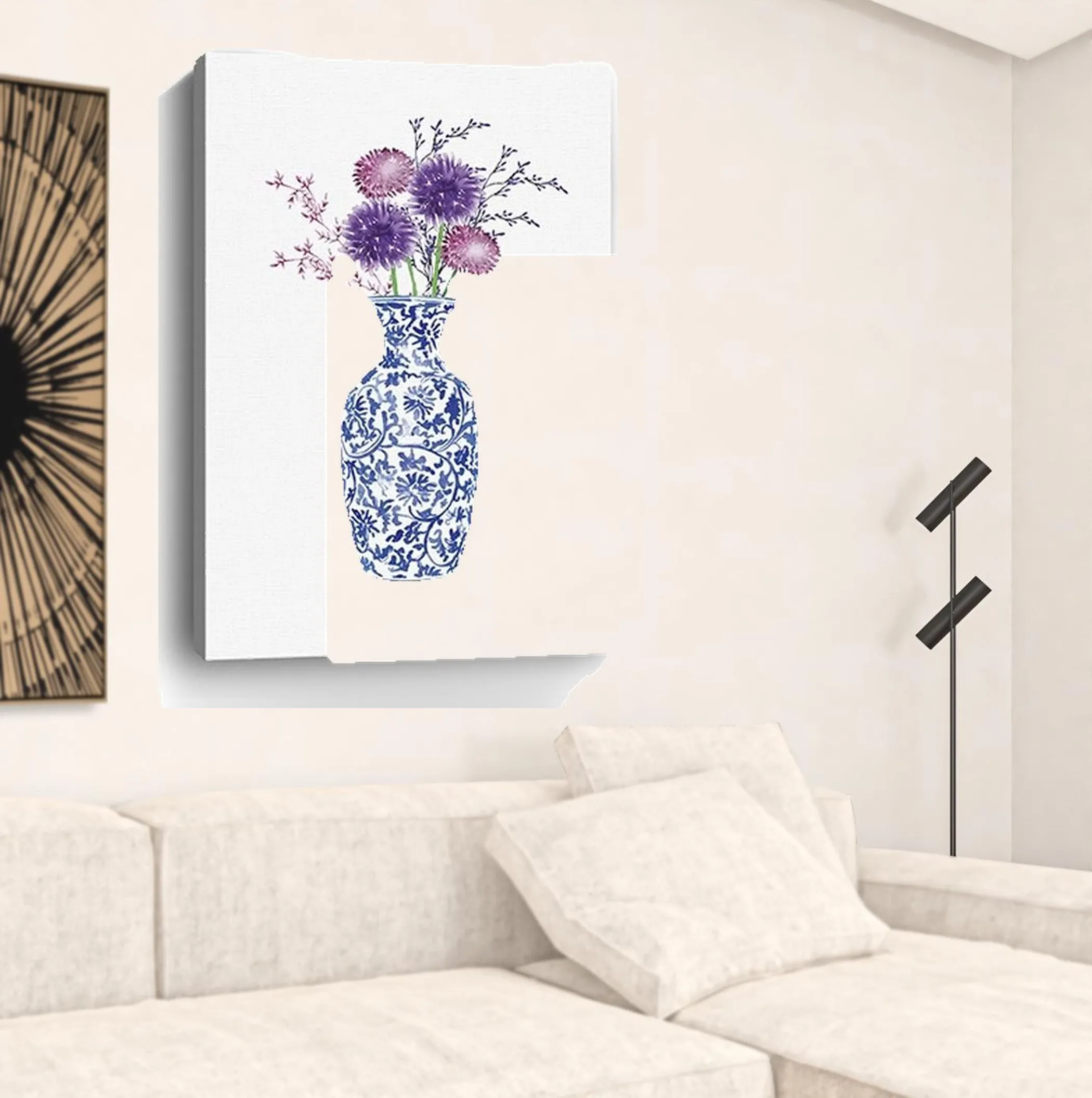 48" x 32" Blue and White Life Floral Vase Canvas Wall Art - Image 3