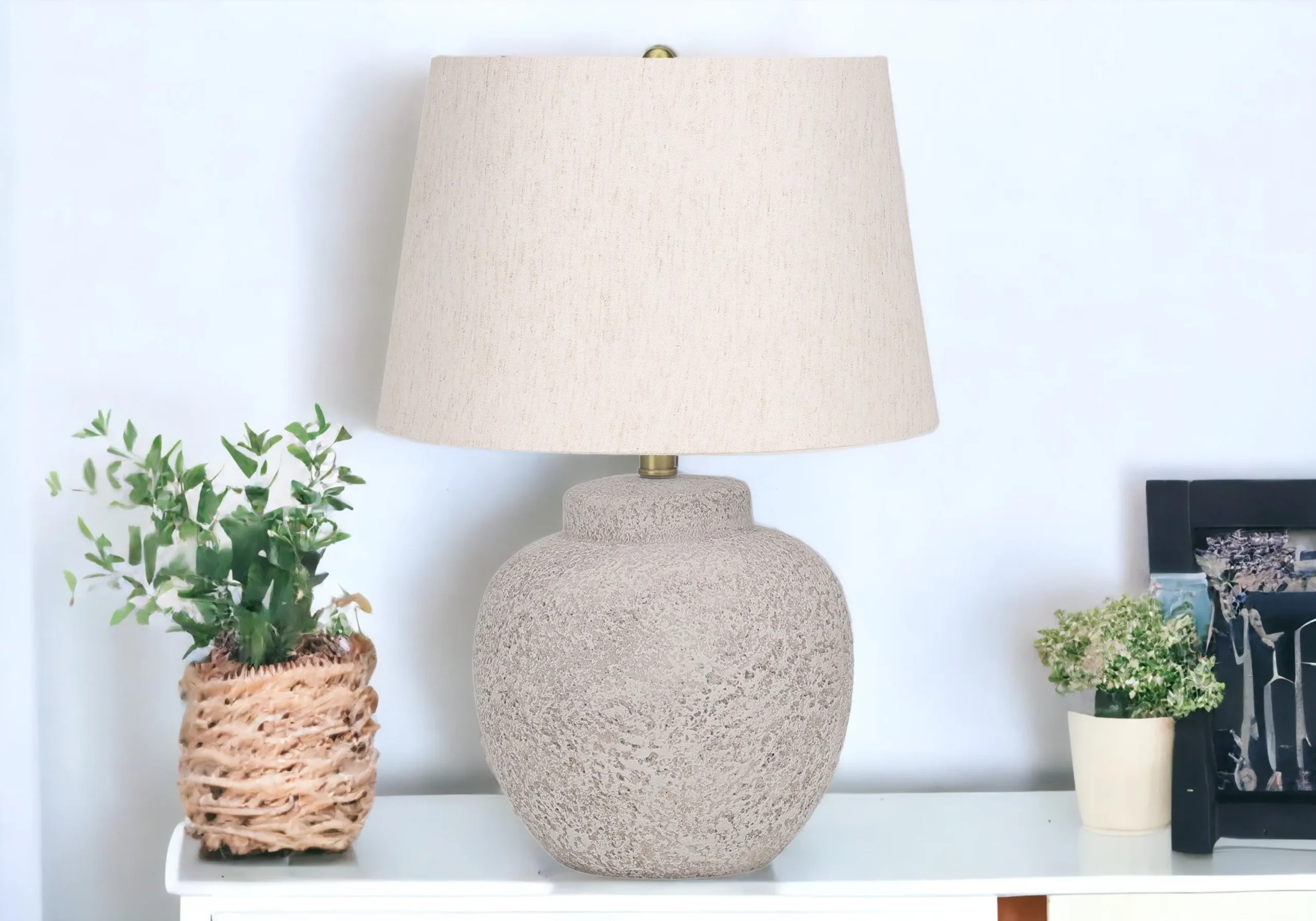 22" Cream Concrete Urn Table Lamp With Cream Abstract Empire Shade - Image 2