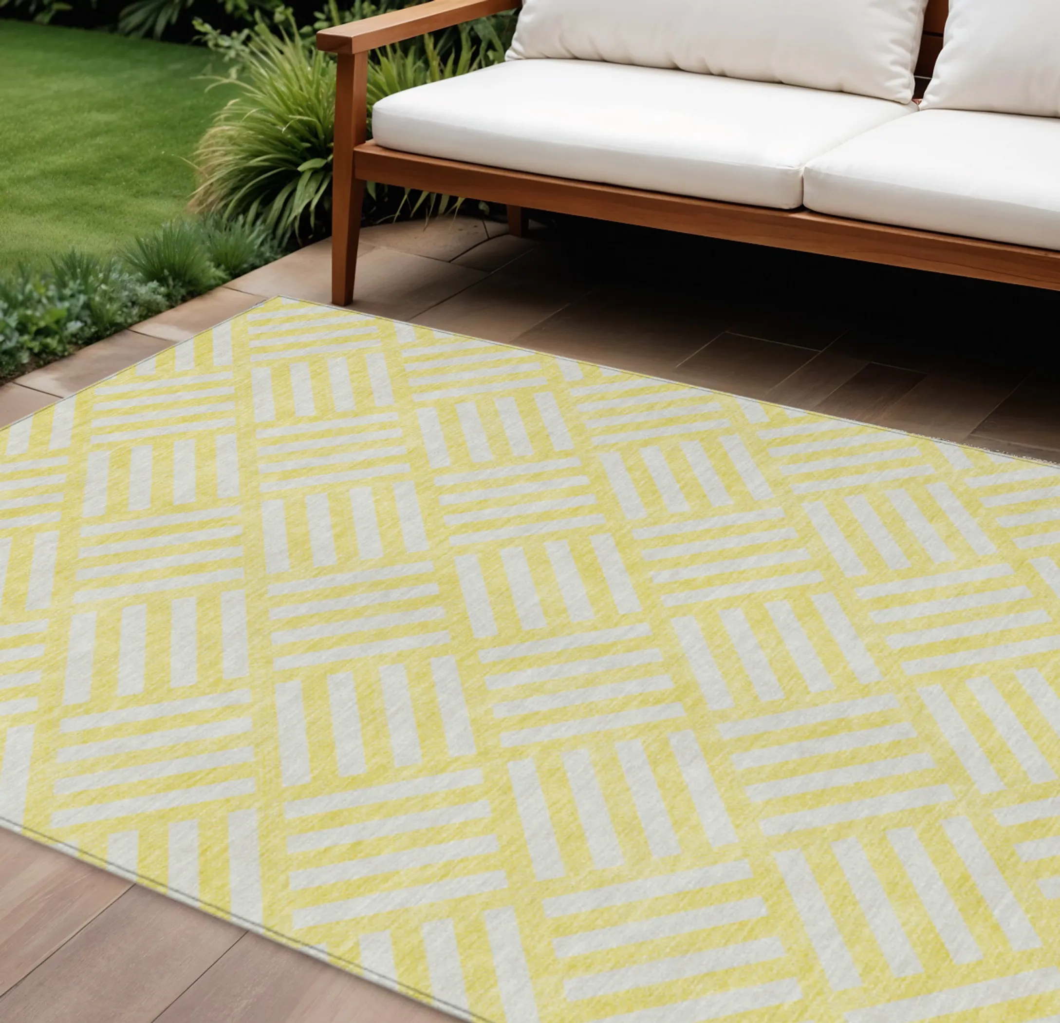 9' X 12' Yellow And Ivory Geometric Washable Indoor Outdoor Area Rug