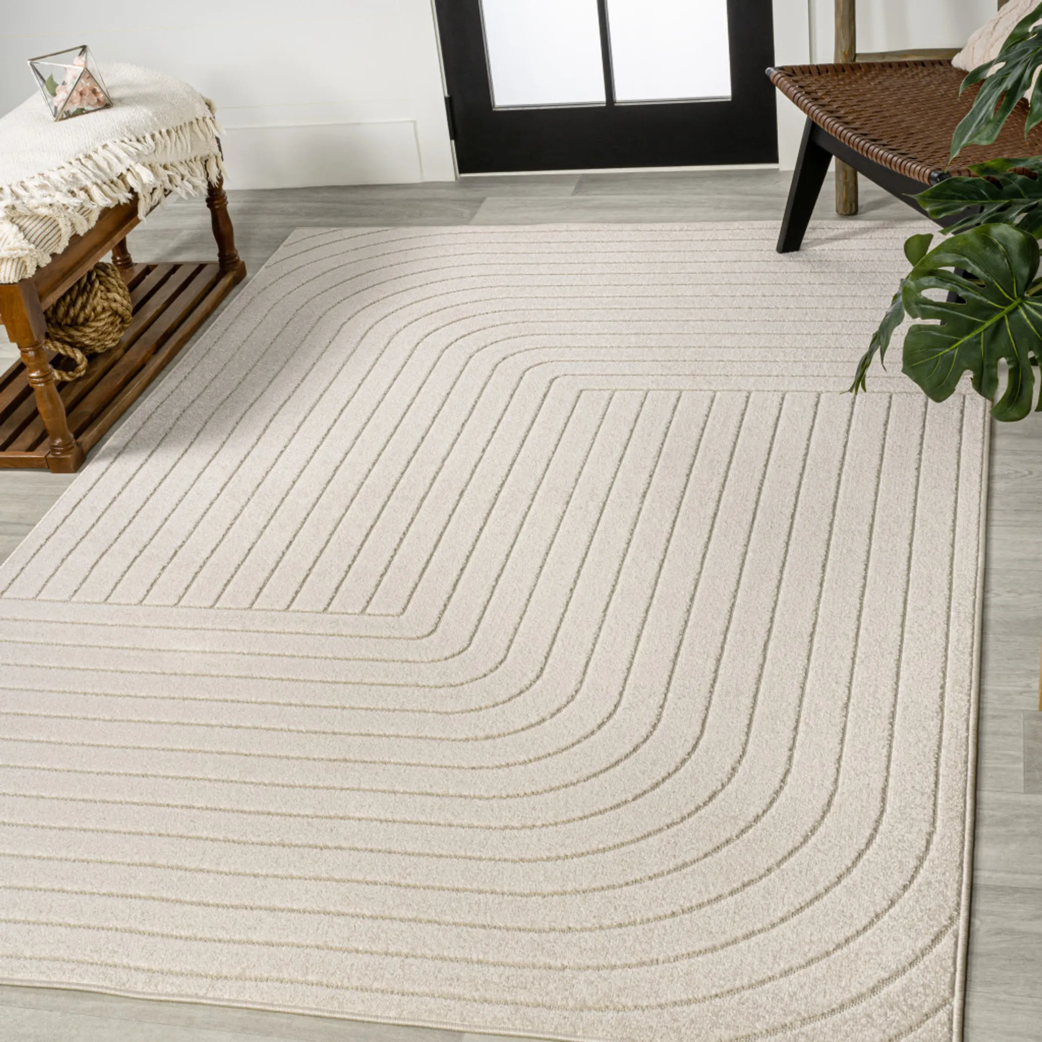 12' X 18' Ivory And Cream Striped Indoor Outdoor Area Rug - Image 5