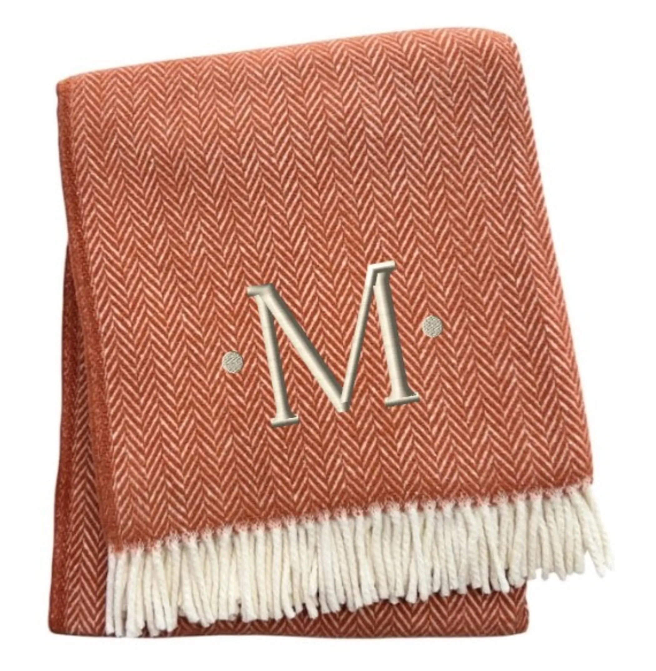 Herringbone Cotton Blend M Initial Throw Blanket with Tassels And Embroidery - Image 3