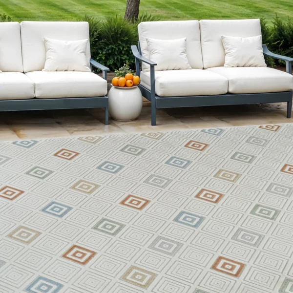 8' X 10' Cream and Beige Geometric Distressed Indoor Outdoor Area Rug