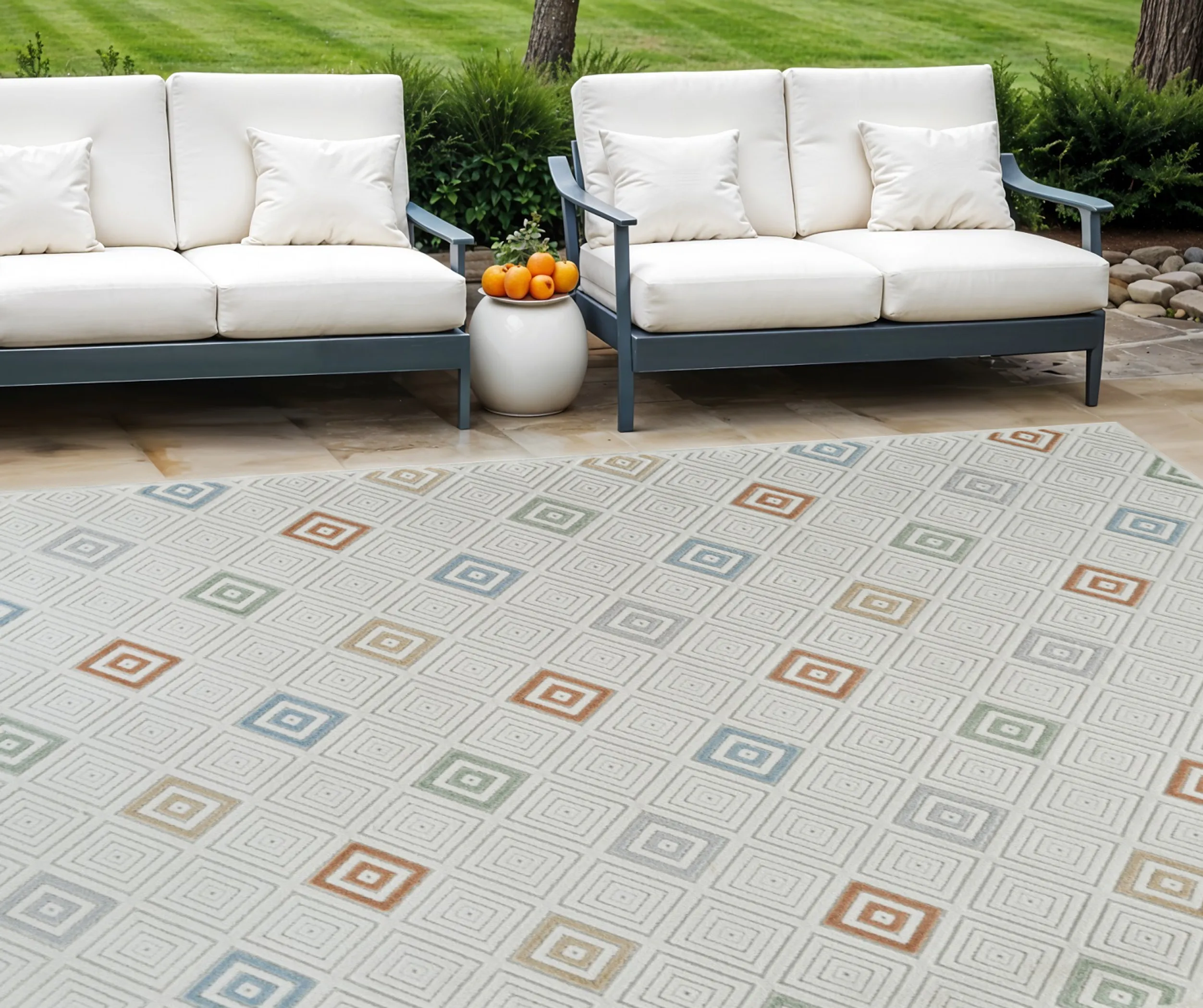 8' X 10' Cream and Beige Geometric Distressed Indoor Outdoor Area Rug