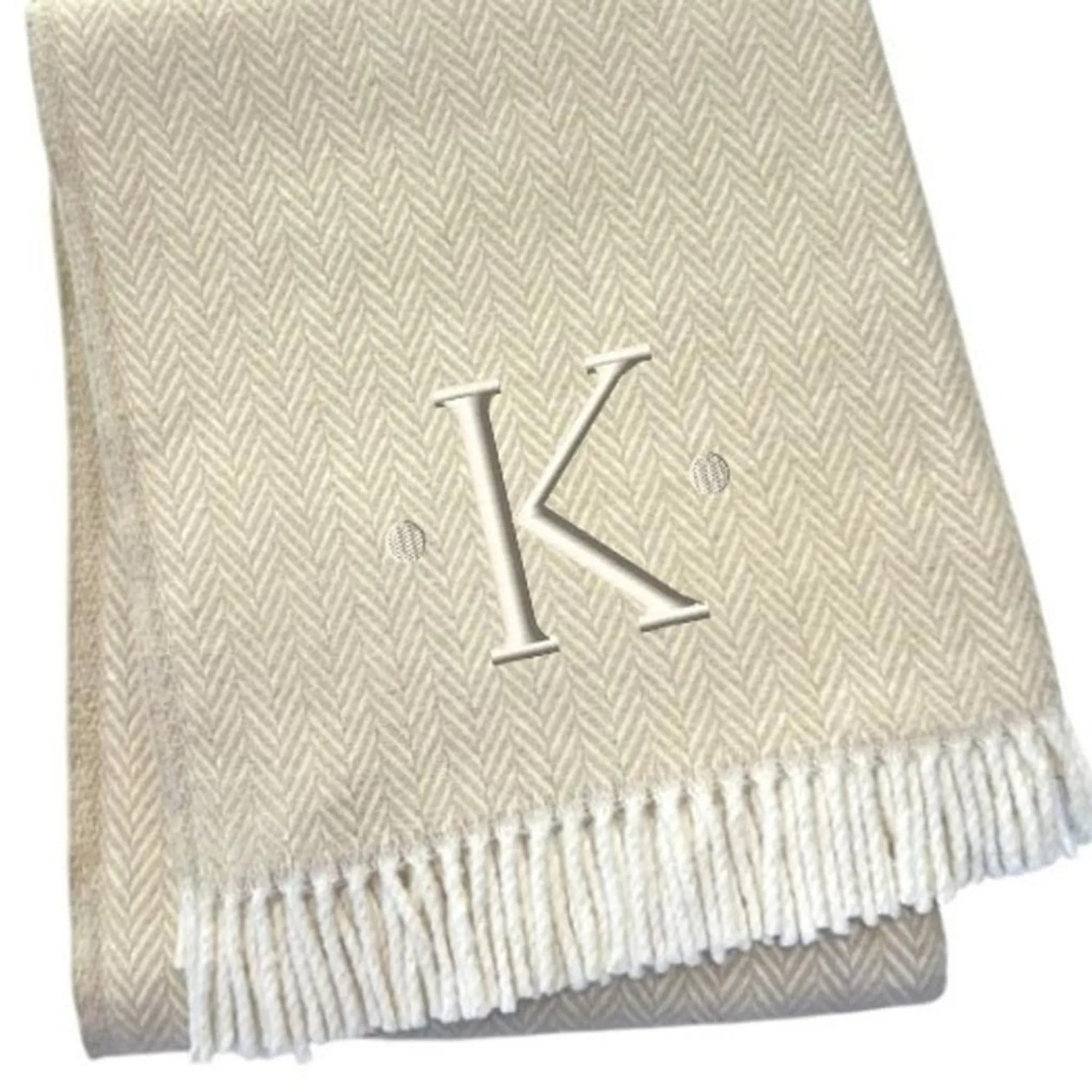 Herringbone Cotton Blend K Initial Throw Blanket with Tassels And Embroidery - Image 4