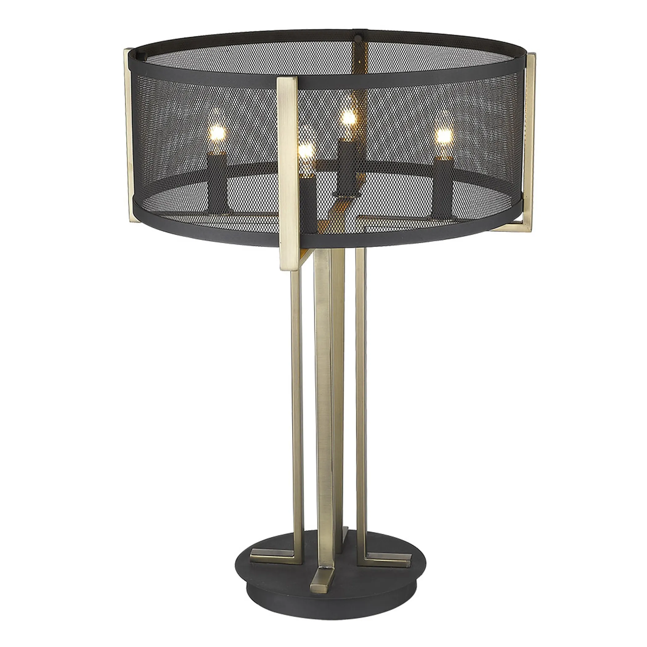 25" Brass Metal Four Light Geometric Table Lamp With Black Drum Shade - Image 4