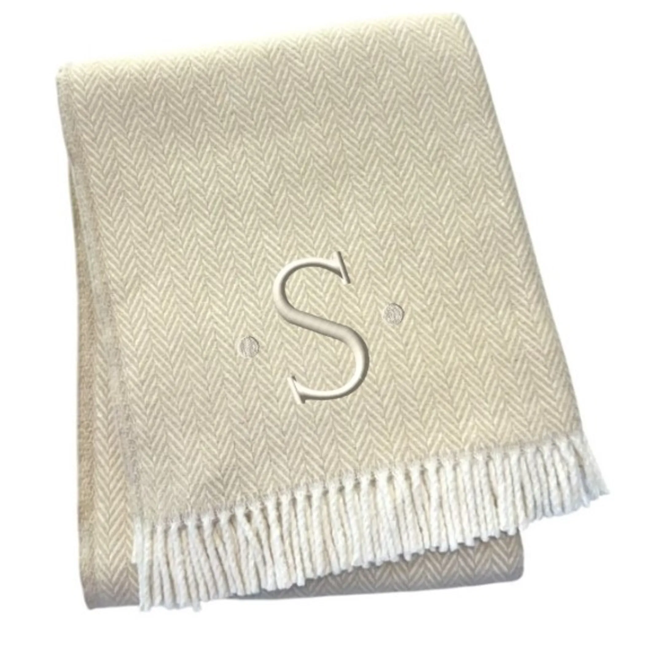 Herringbone Cotton Blend S Initial Throw Blanket with Tassels And Embroidery - Image 3