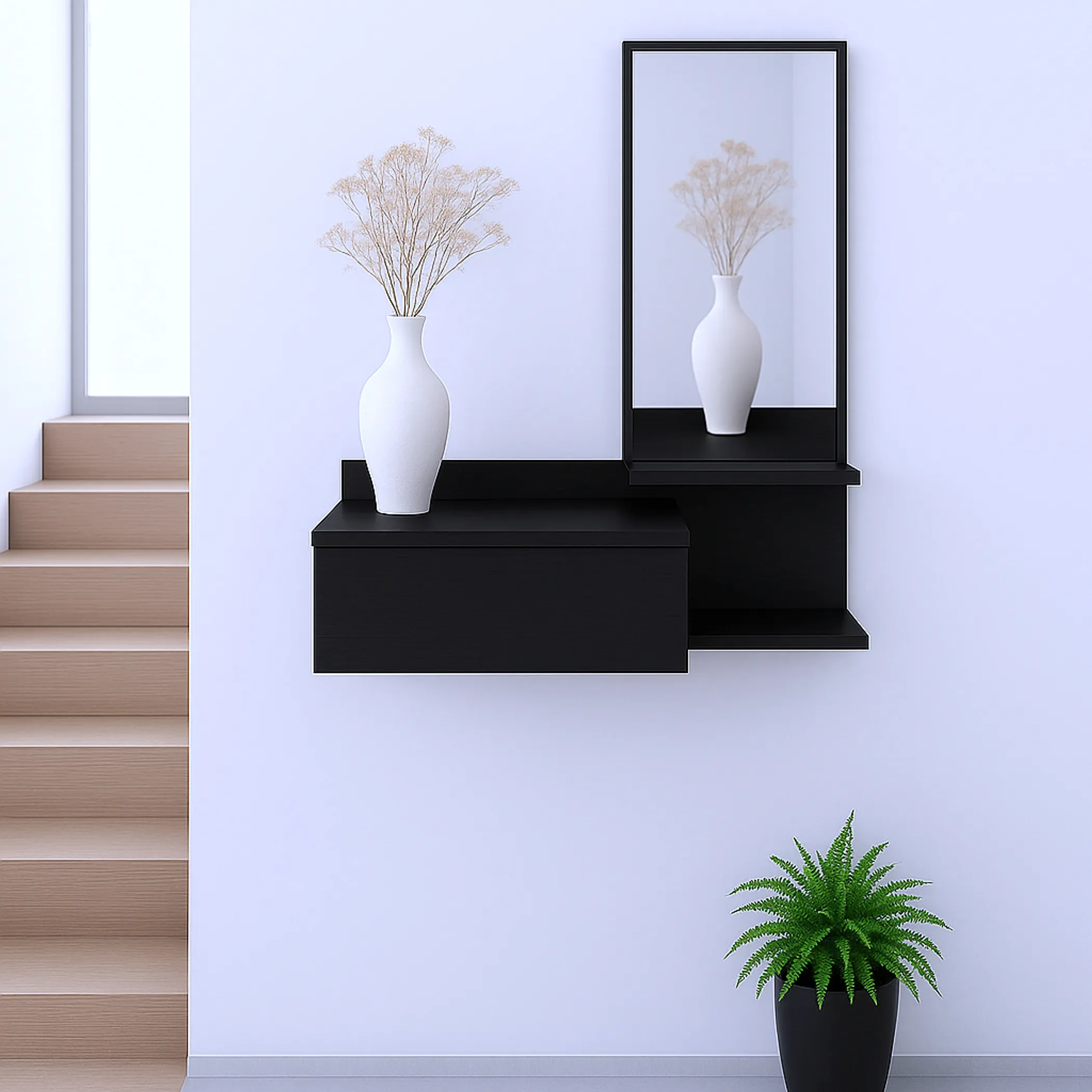 36" Black Wood Wall Mounted Accent Cabinet With Drawer And Mirror