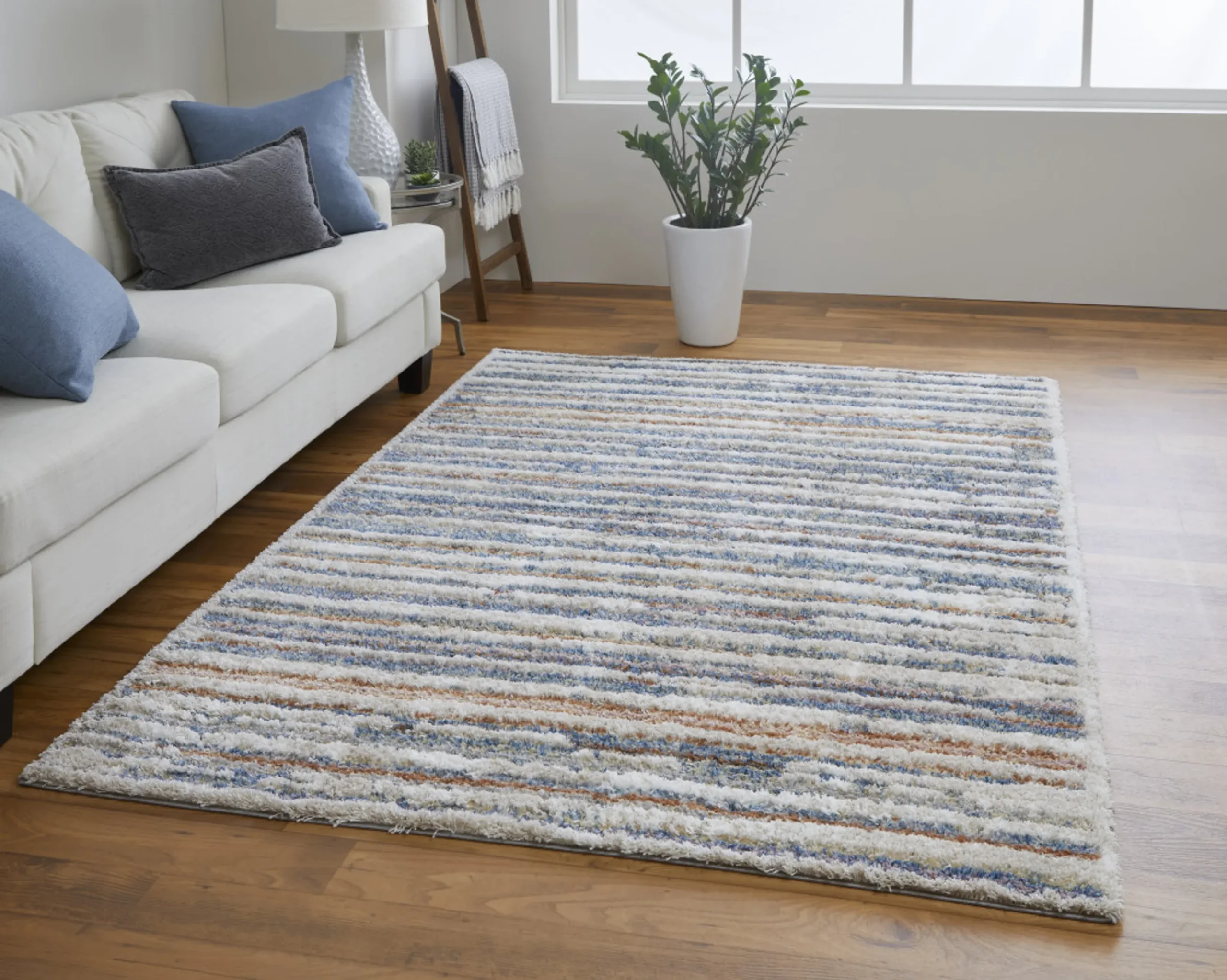 5' X 8' Ivory Blue And Orange Striped Power Loom Stain Resistant Area Rug - Image 6