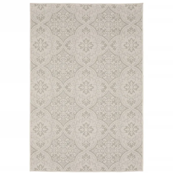 7' X 9' Gray and Ivory Floral Stain Resistant Indoor Outdoor Area Rug