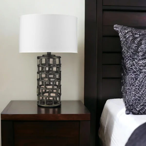 26" Black Metal Column Table Lamp With White Drum Shade