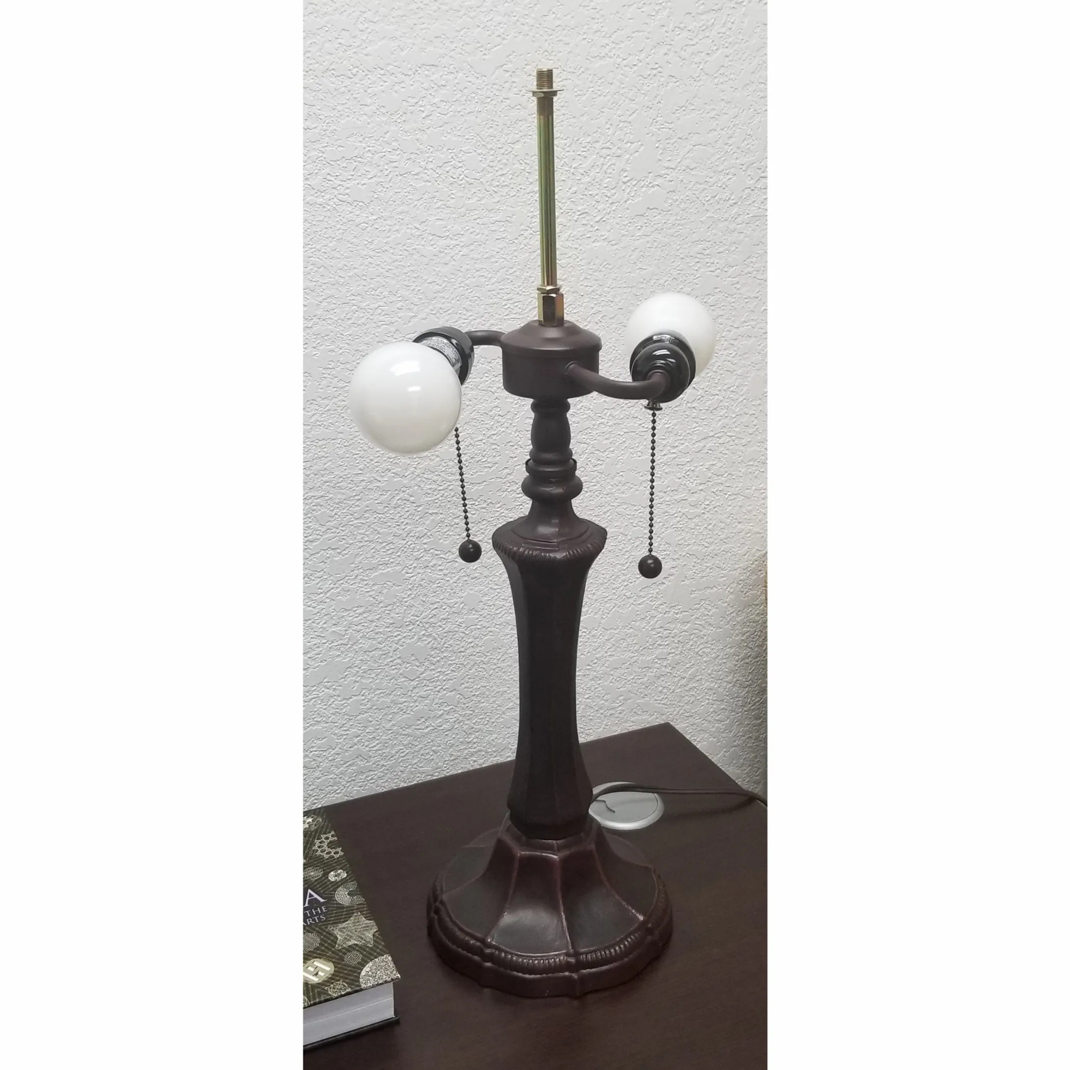23" Dark Brown Metal Two Light Candlestick Table Lamp With Brown and Ivory Shade - Image 6