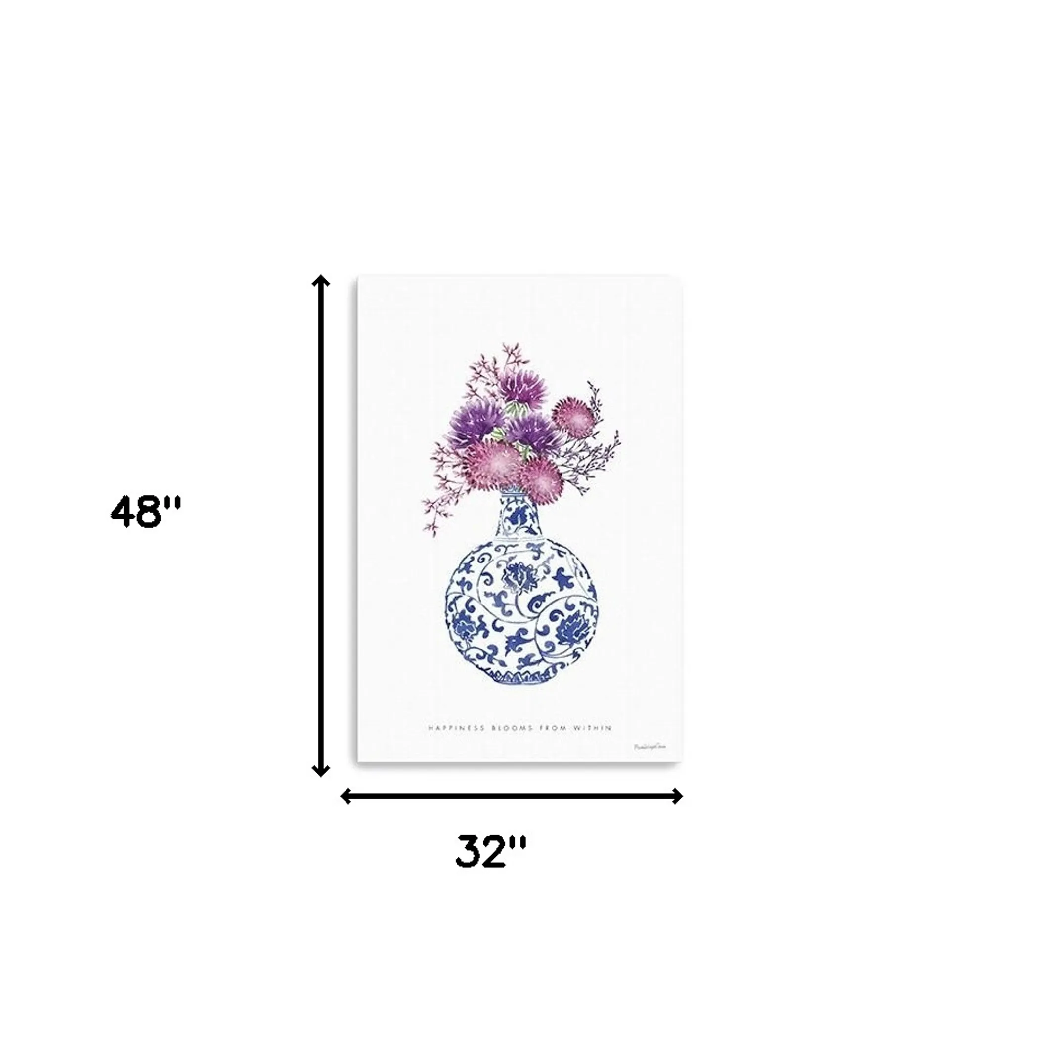 48" x 32" Blue and White Happiness Floral Vase Canvas Wall Art - Image 5