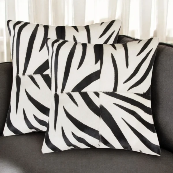 Set of Two 18" White and Black Zebra Cowhide Throw Pillows