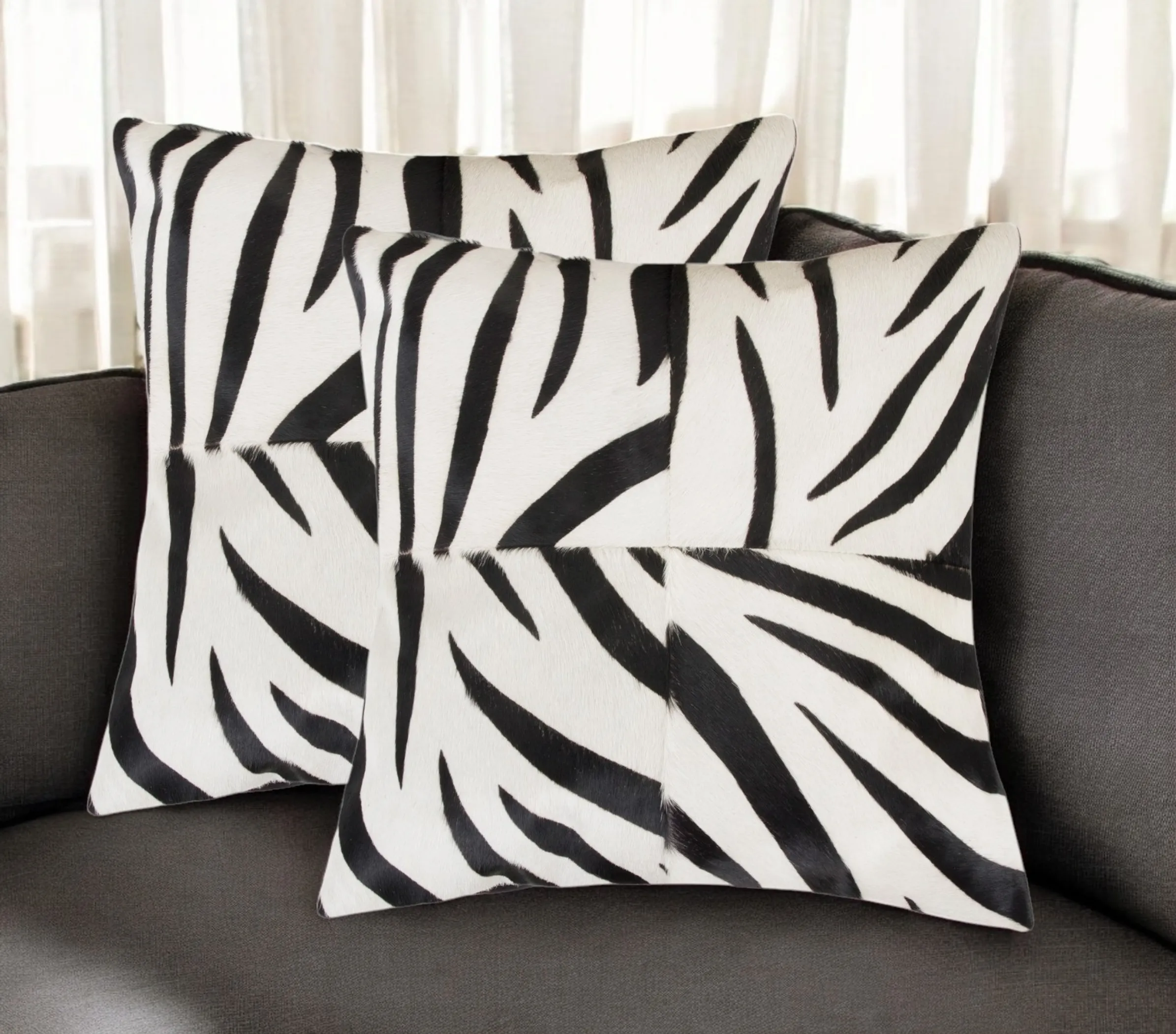 Set of Two 18" White and Black Zebra Cowhide Throw Pillows