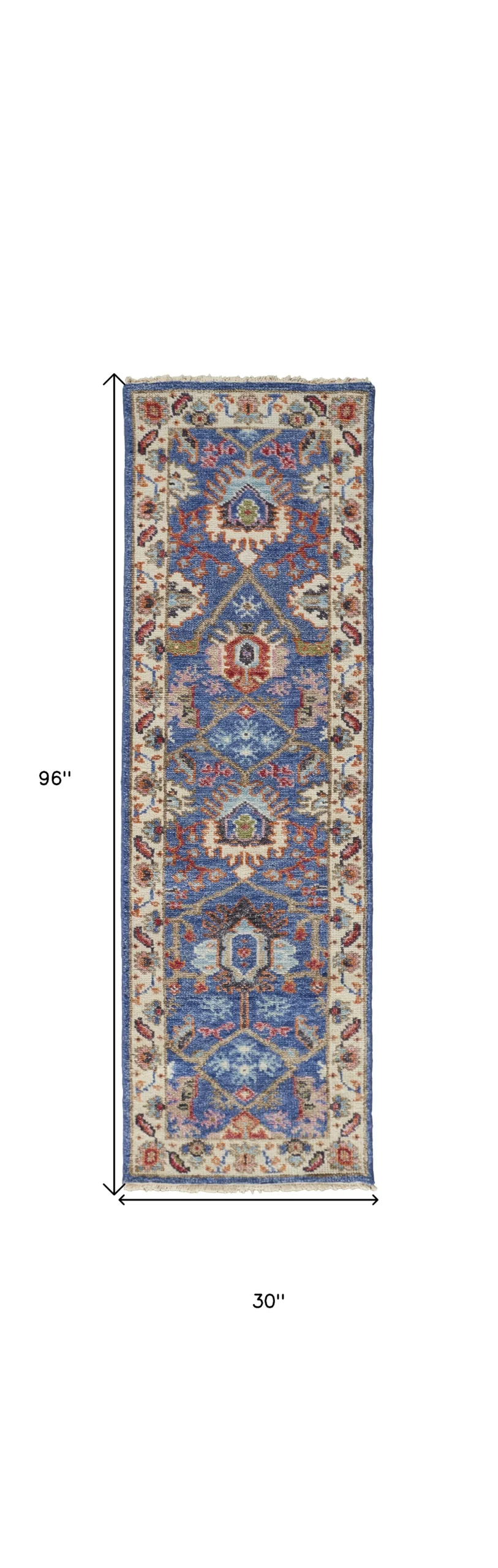 8' Blue and Beige Wool Floral Hand Knotted Runner Rug With Fringe - Image 3