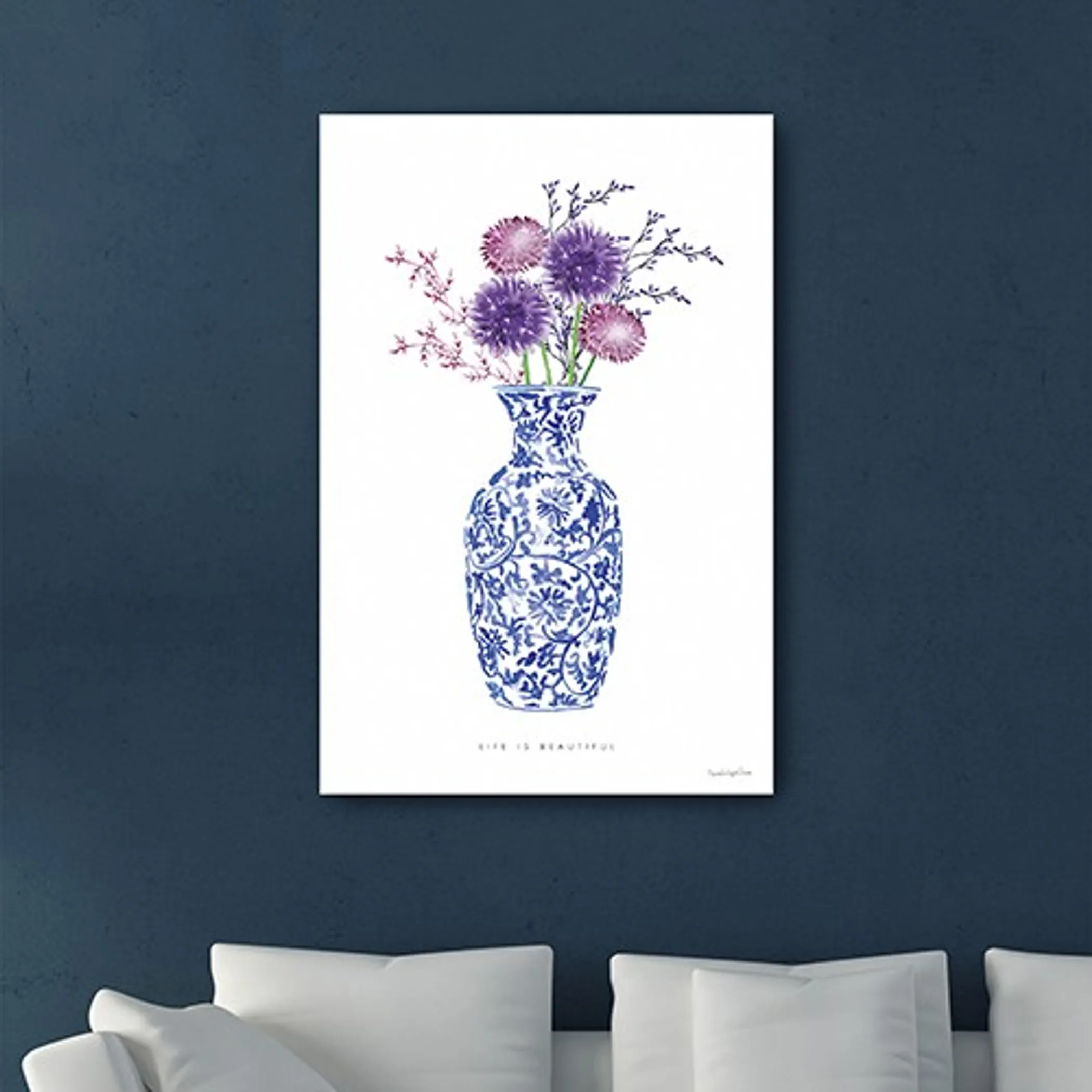 48" x 32" Blue and White Life Floral Vase Canvas Wall Art - Image 4