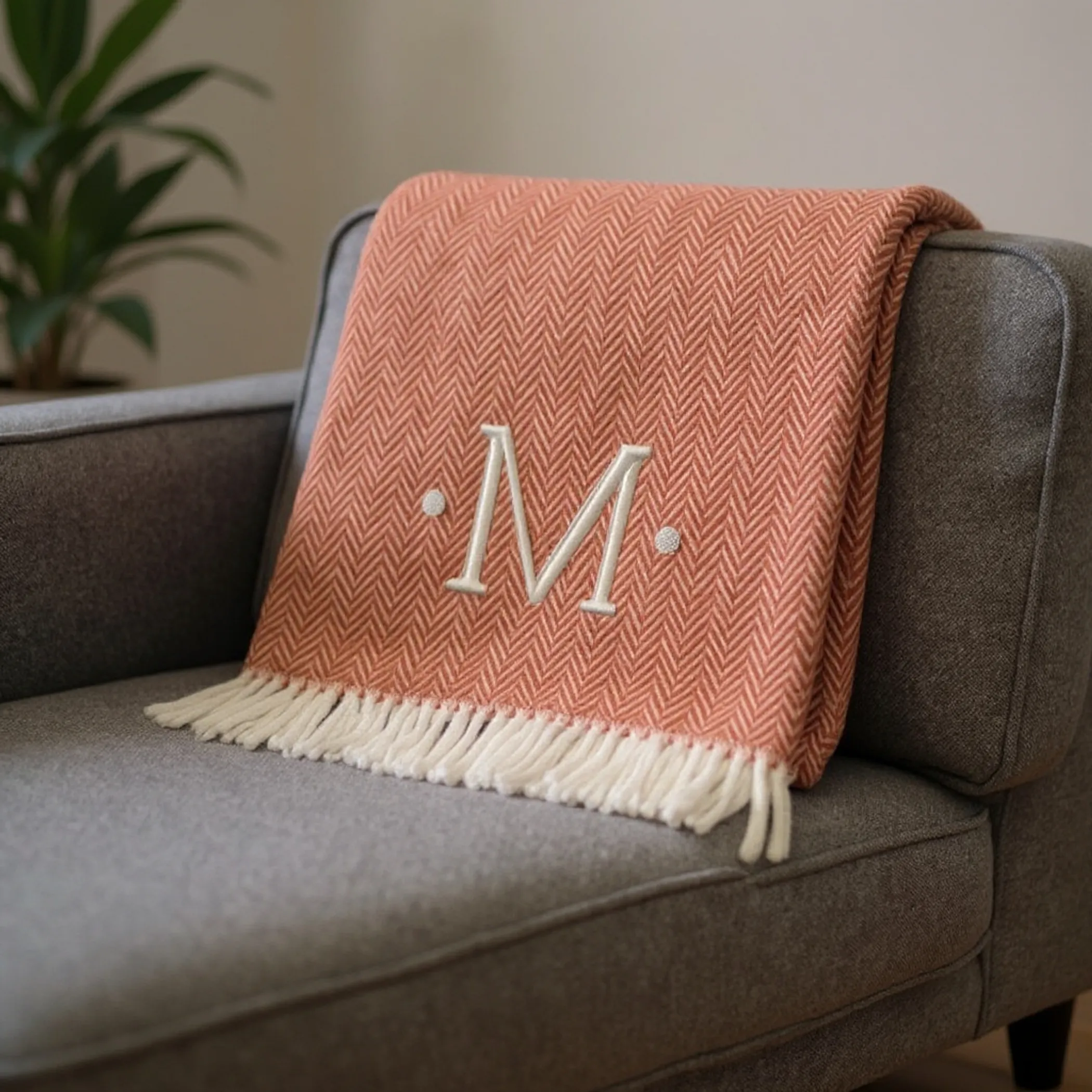 Herringbone Cotton Blend M Initial Throw Blanket with Tassels And Embroidery - Image 2