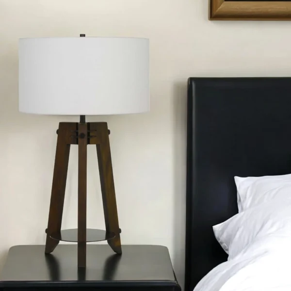 32" Brown Metal Tripod Table Lamp With Off White Drum Shade