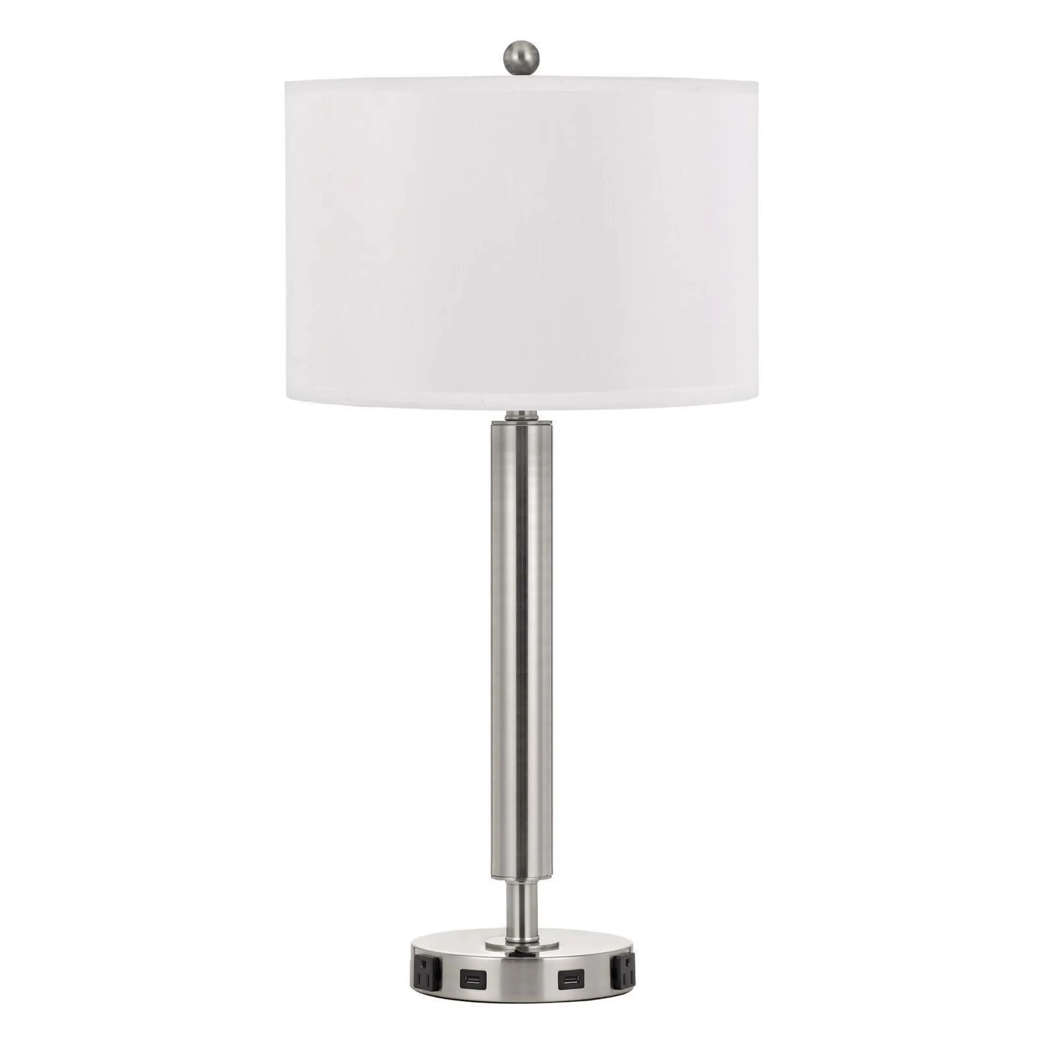 30" Nickel Metal Cylinder USB Table Lamp With White Drum Shade - Image 2