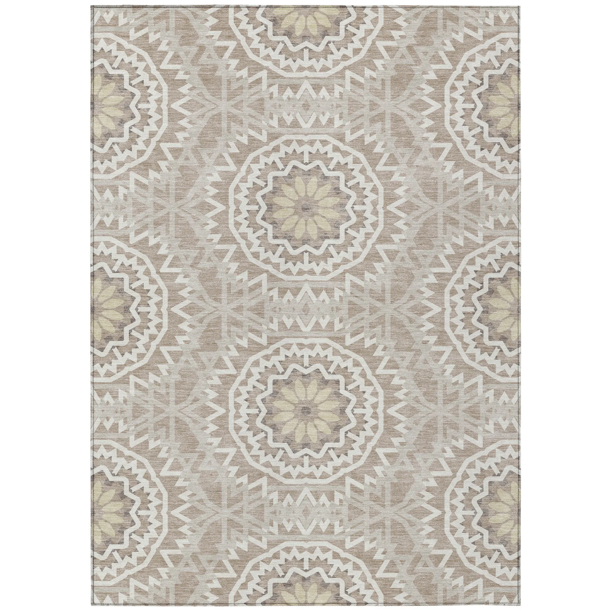 10' X 14' Taupe Khaki And Ivory Floral Medallion Washable Indoor Outdoor Area Rug - Image 2