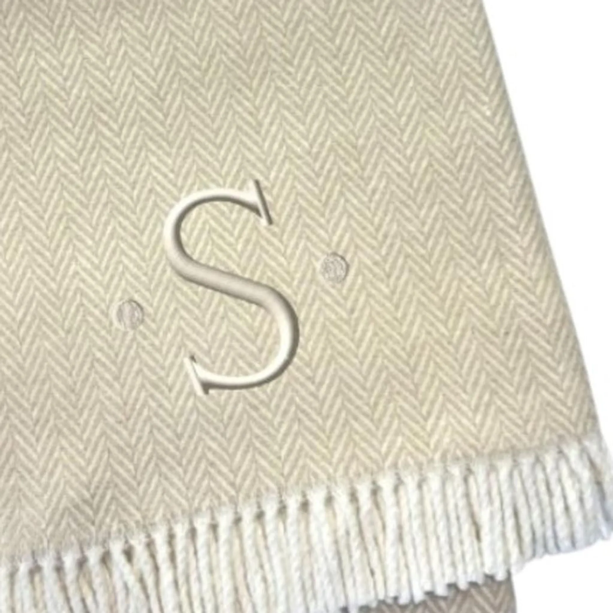 Herringbone Cotton Blend S Initial Throw Blanket with Tassels And Embroidery - Image 5