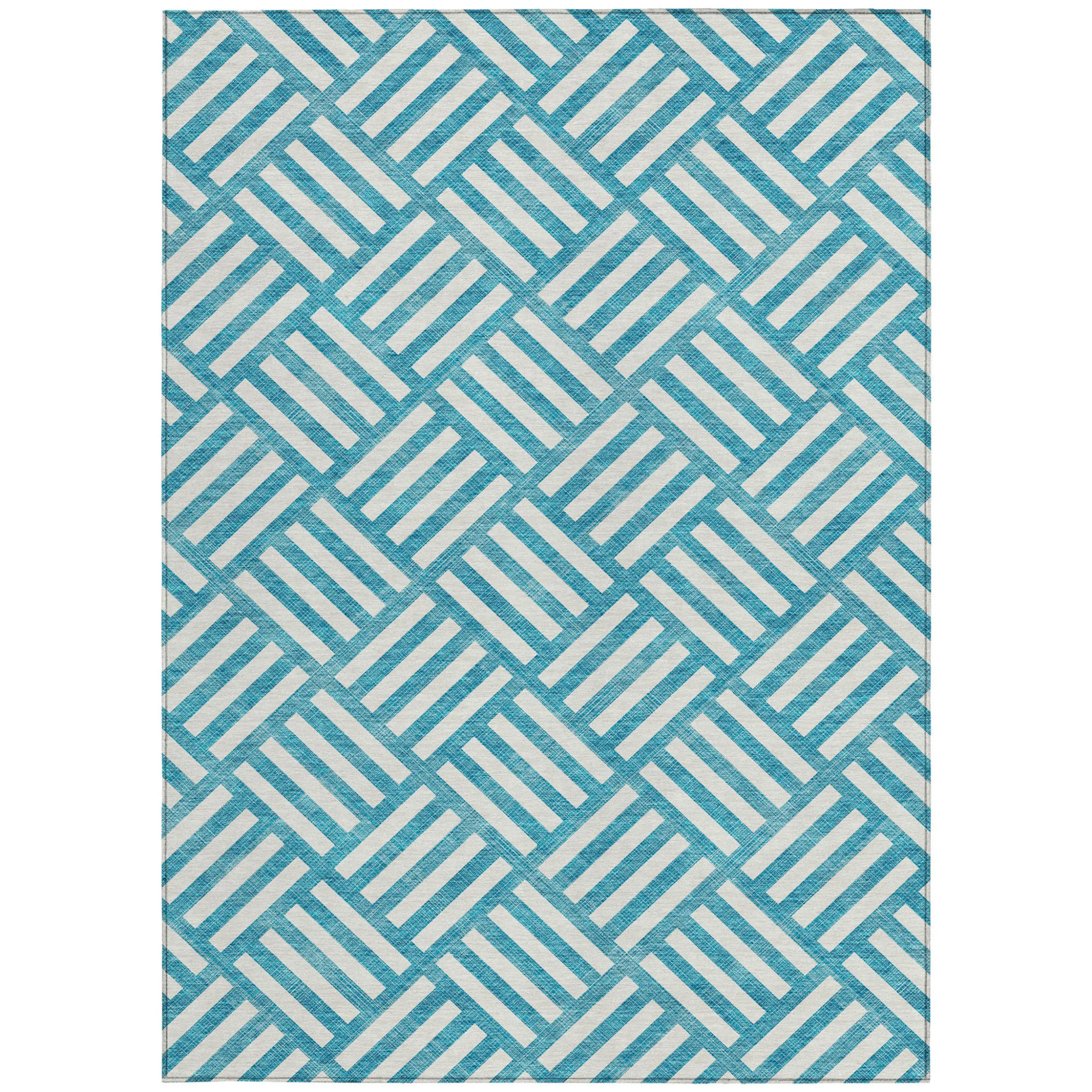 9' X 12' Teal Blue And Ivory Geometric Washable Indoor Outdoor Area Rug - Image 6