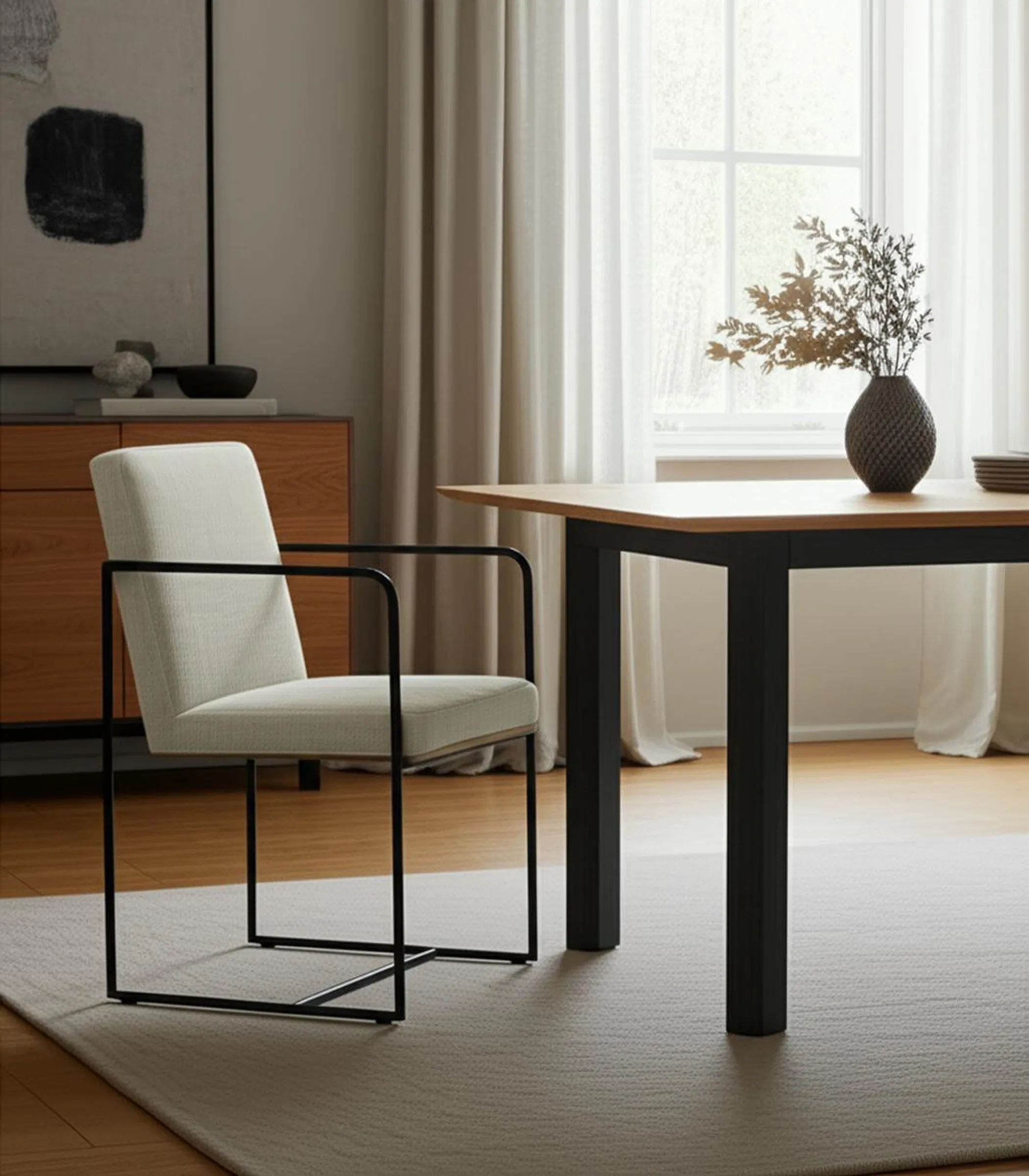 Beige and Black Upholstered Cushion And Metal Dining Arm Chair