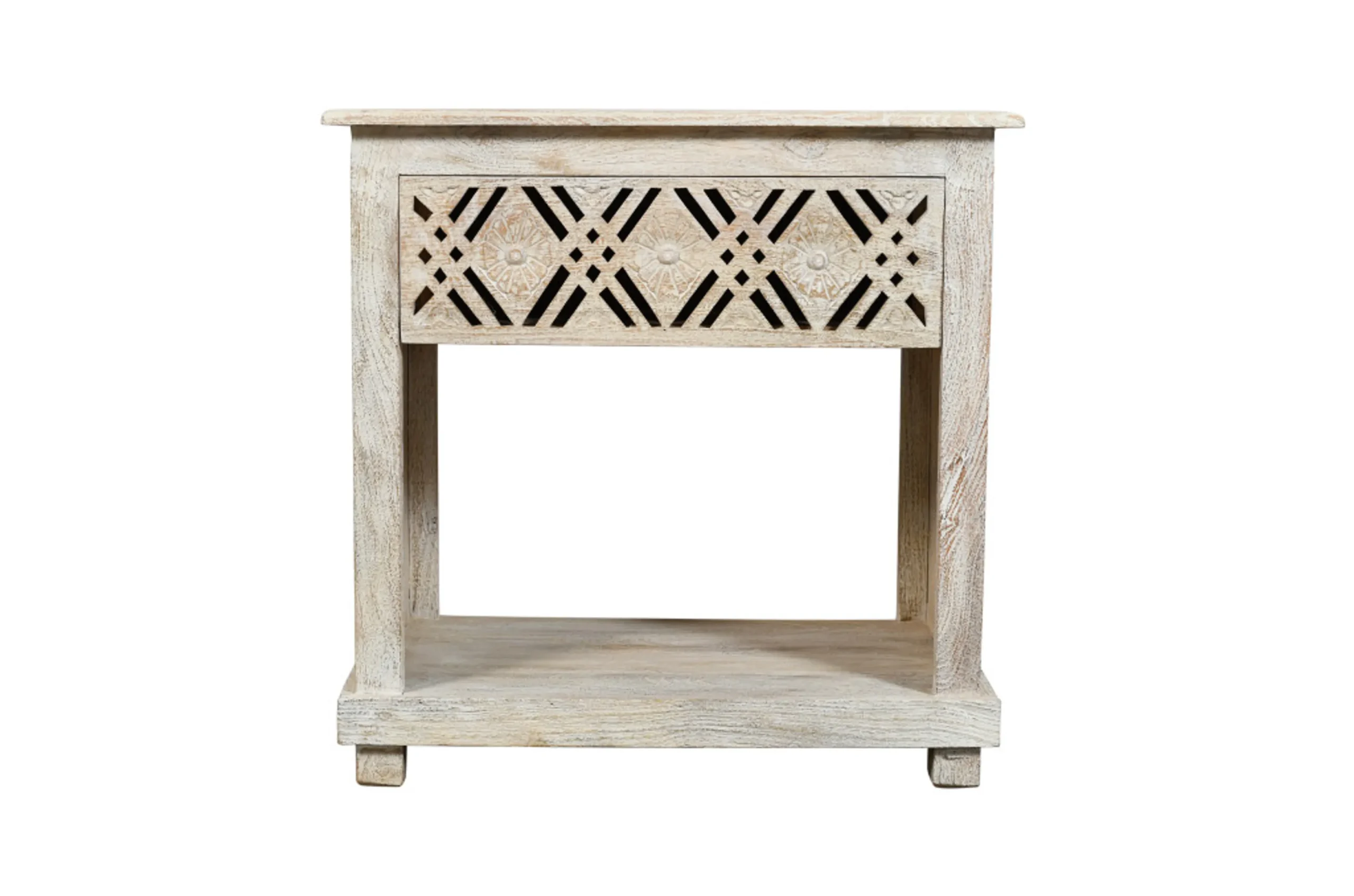 28" White Distressed Carved Geometric Solid Wood Nightstand - Image 2