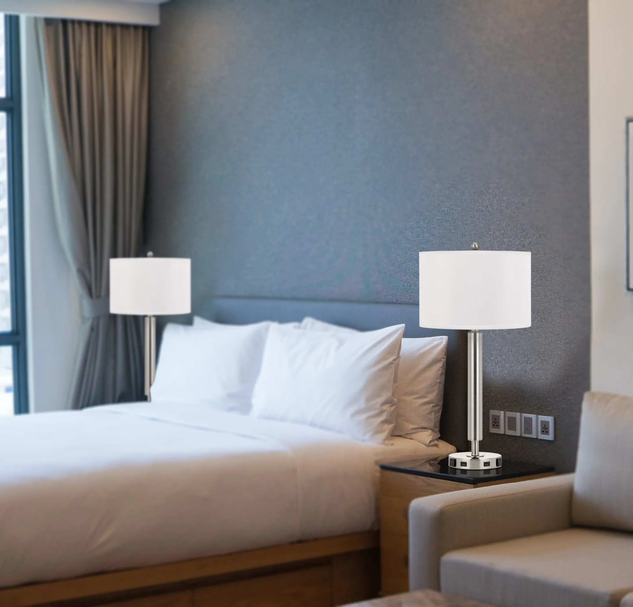 30" Nickel Metal Cylinder USB Table Lamp With White Drum Shade - Image 3