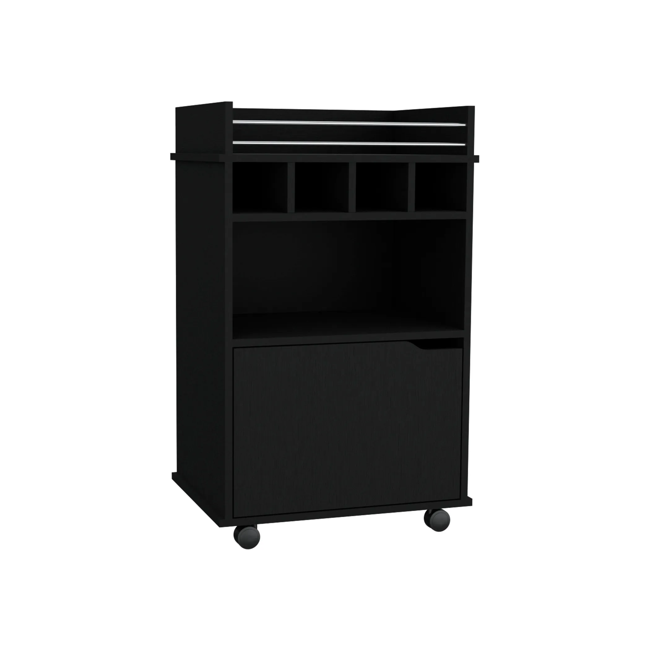 22" Black Wood Rolling Bar Cart With Wine Storage - Image 5