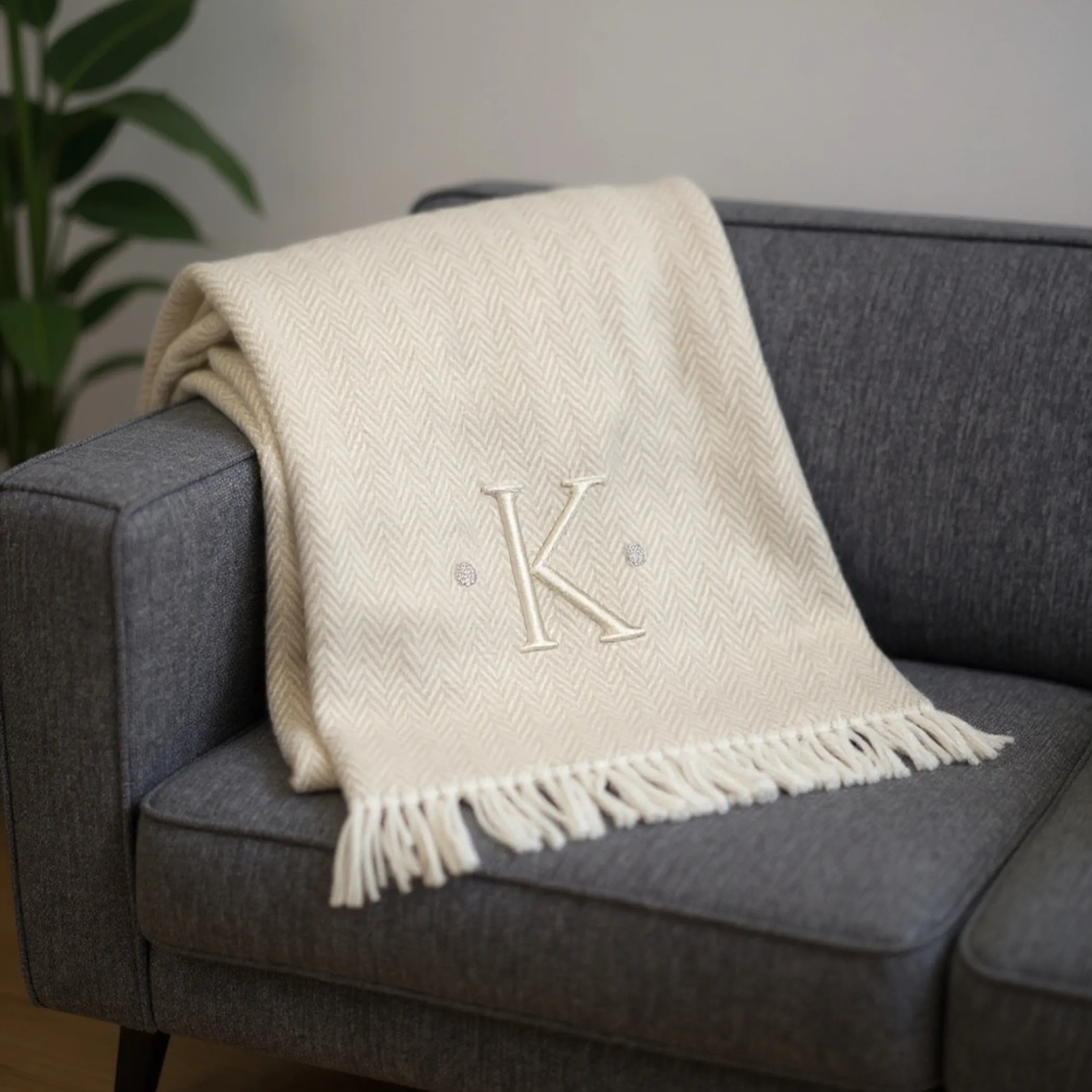 Herringbone Cotton Blend K Initial Throw Blanket with Tassels And Embroidery - Image 2