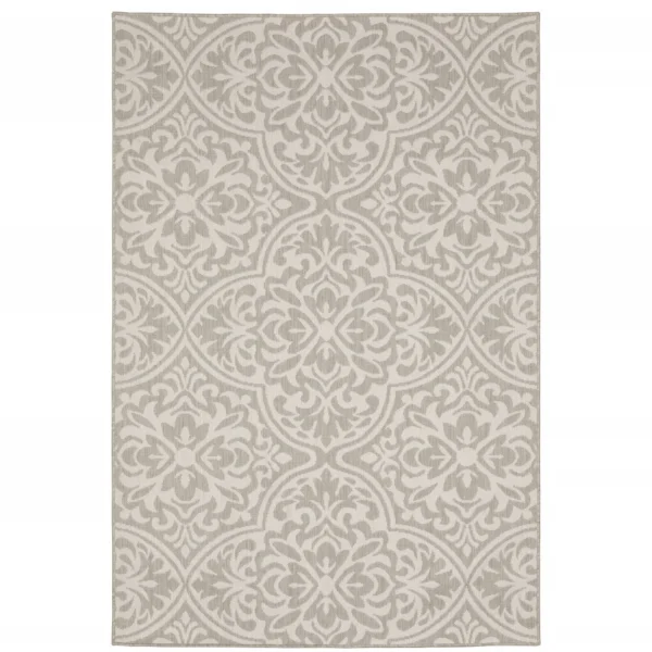 7' X 9' Gray and Ivory Floral Stain Resistant Indoor Outdoor Area Rug