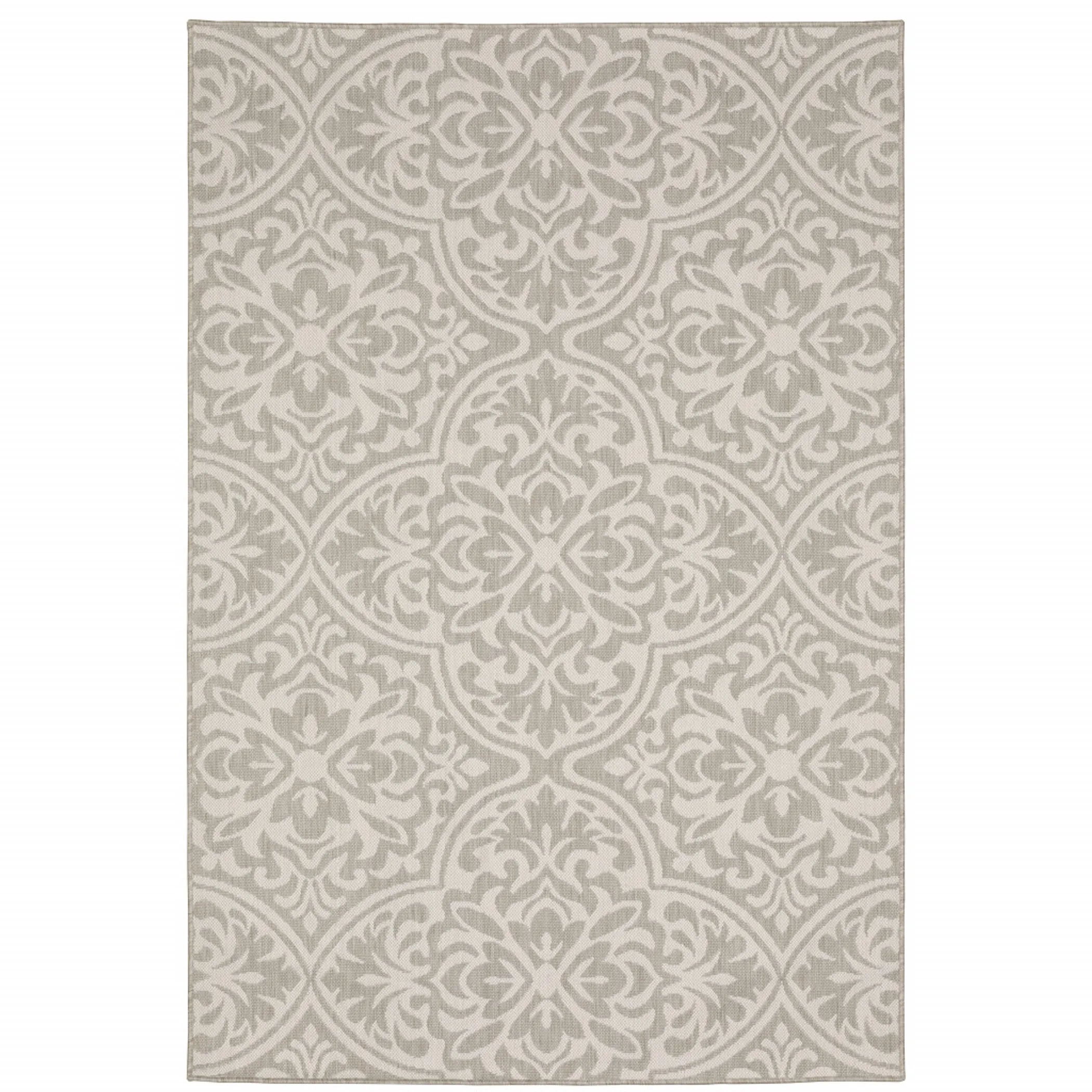 7' X 9' Gray and Ivory Floral Stain Resistant Indoor Outdoor Area Rug