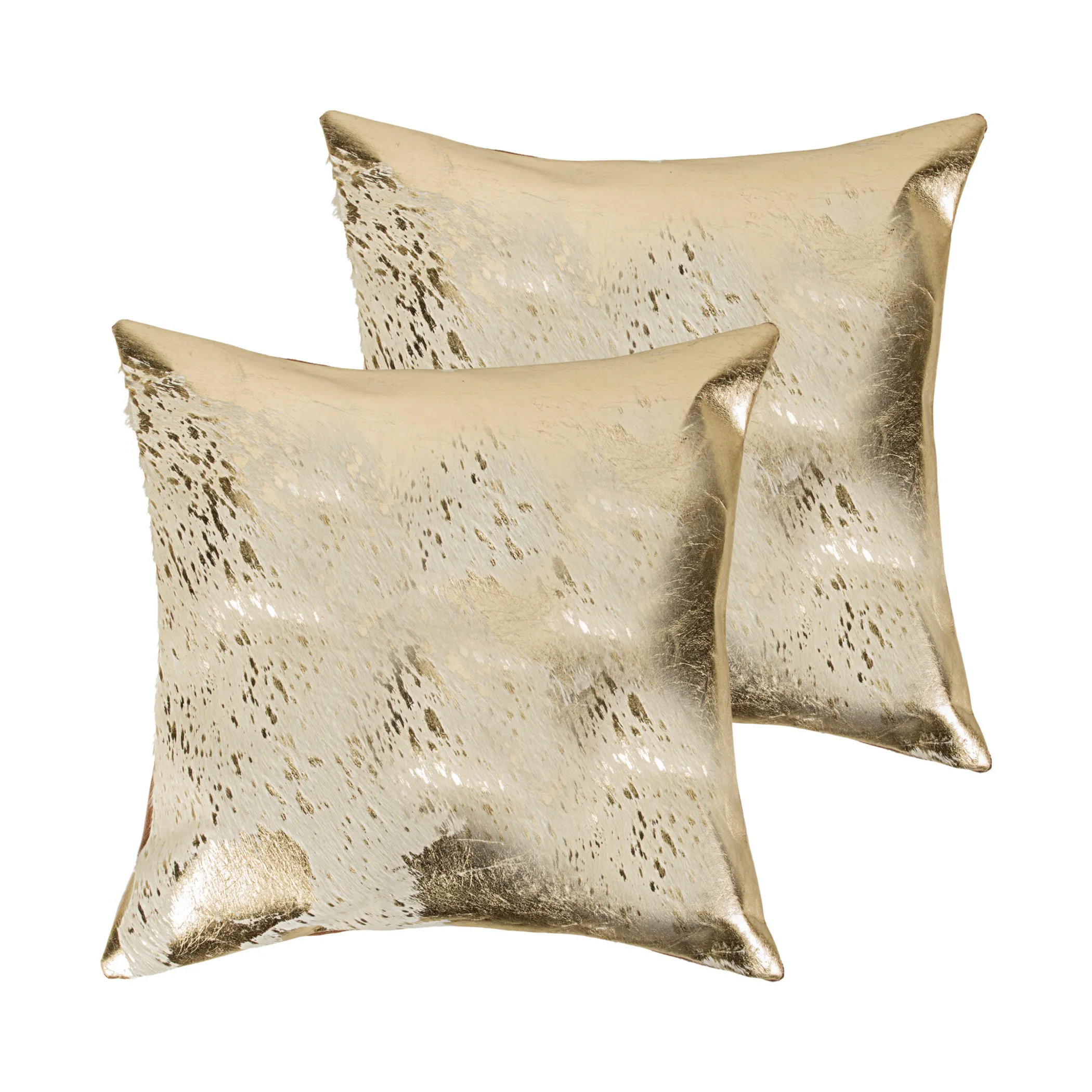 Set of Two 18" Natural and Gold Abstract Cowhide Throw Pillows with Glitter - Image 2