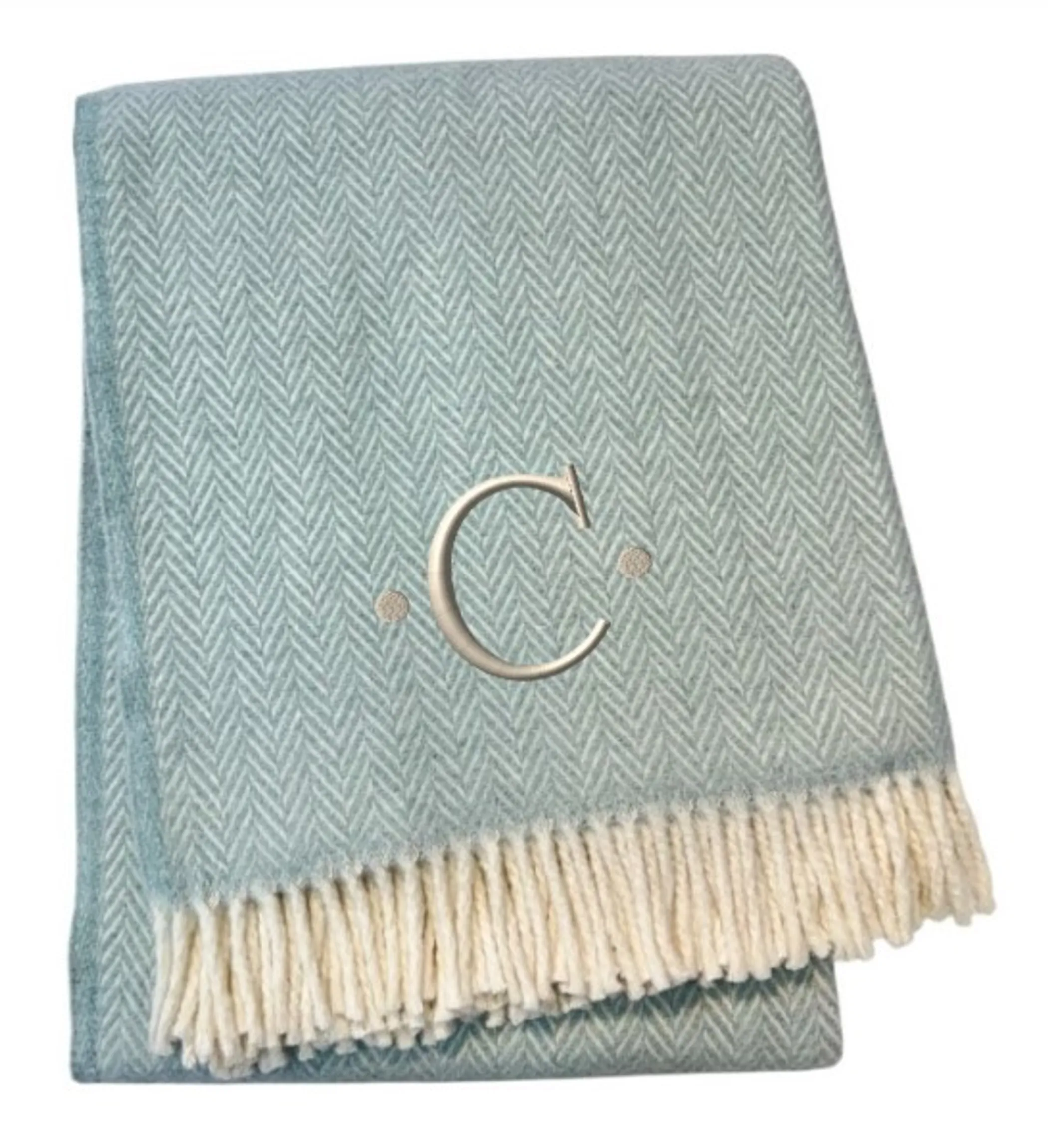 Herringbone Cotton Blend C Initial Throw Blanket with Tassels And Embroidery - Image 3