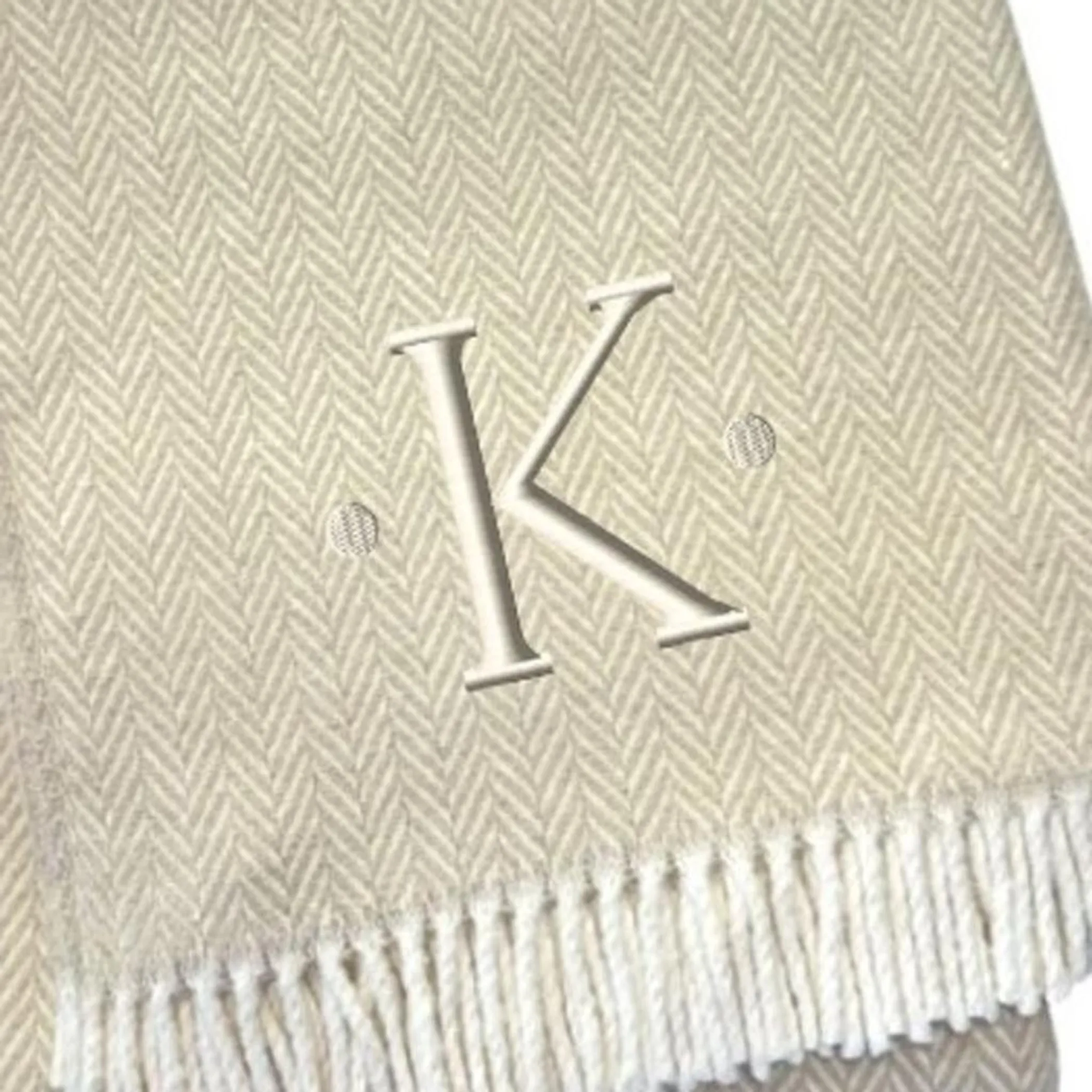 Herringbone Cotton Blend K Initial Throw Blanket with Tassels And Embroidery - Image 5