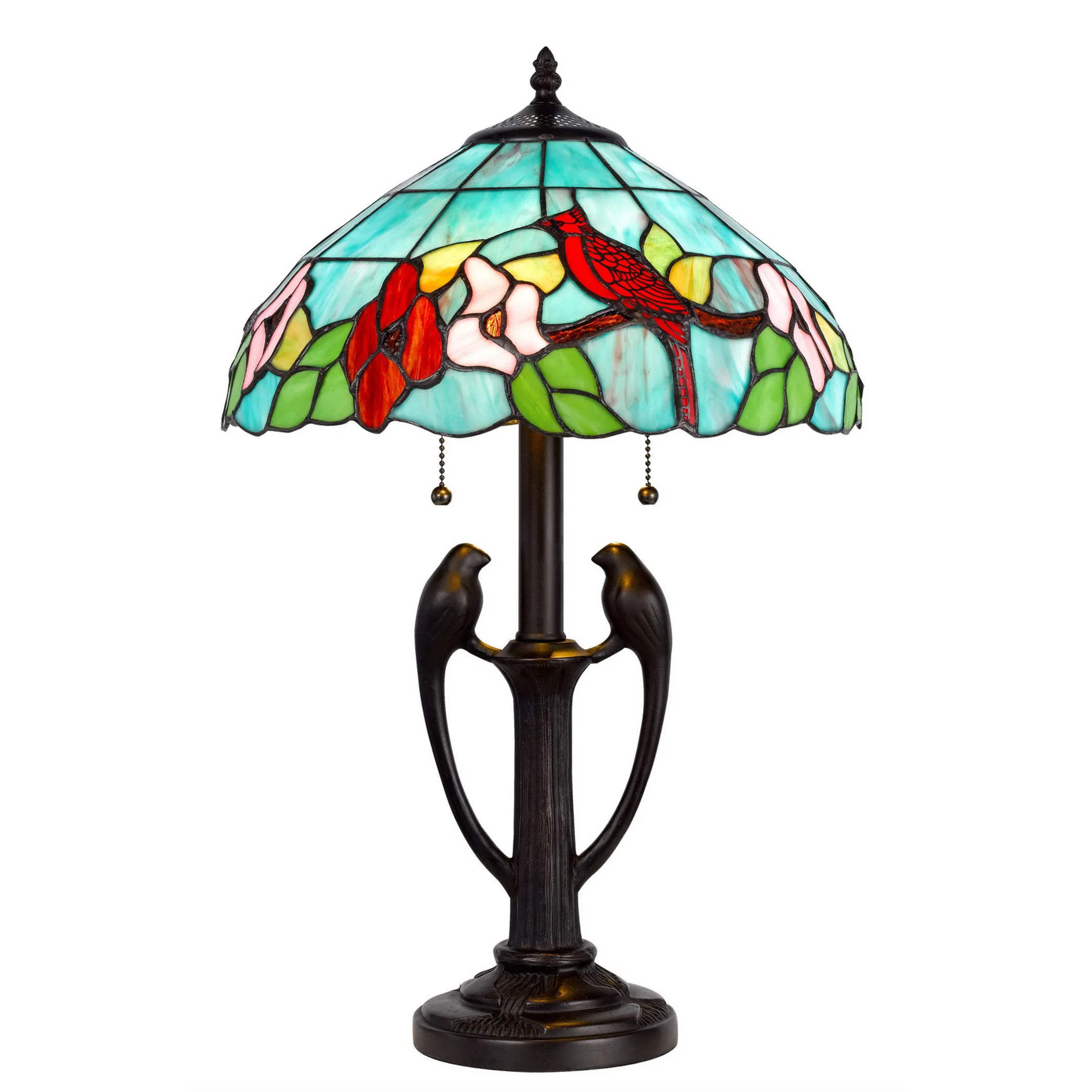 22" Bronze Two Light Tiffany Table Lamp With Aqua and Red Floral Shade - Image 2