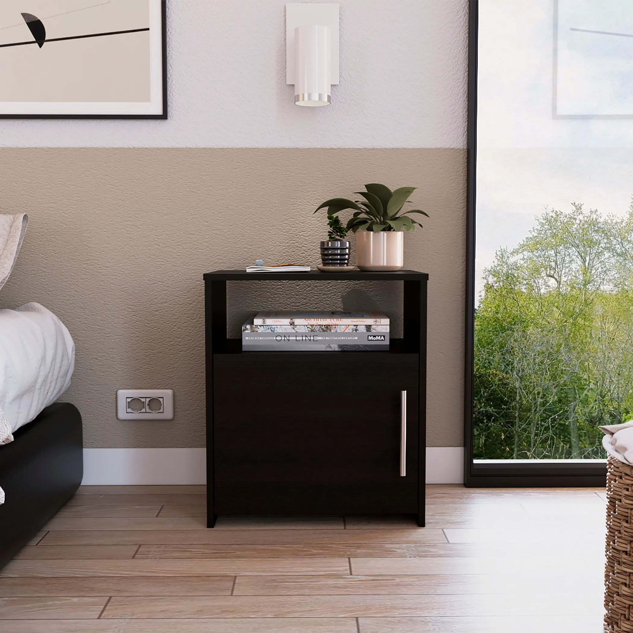 23" Black One Cabinet Faux Wood Nightstand - Image 6