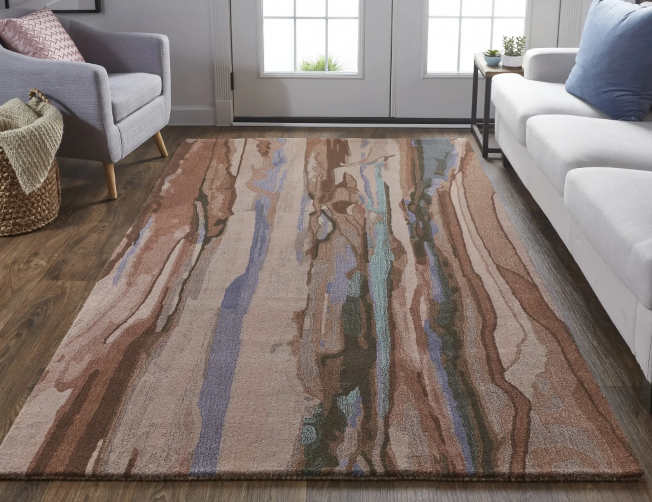 5' X 8' Red Pink and Blue Wool Abstract Hand Tufted Area Rug - Image 6