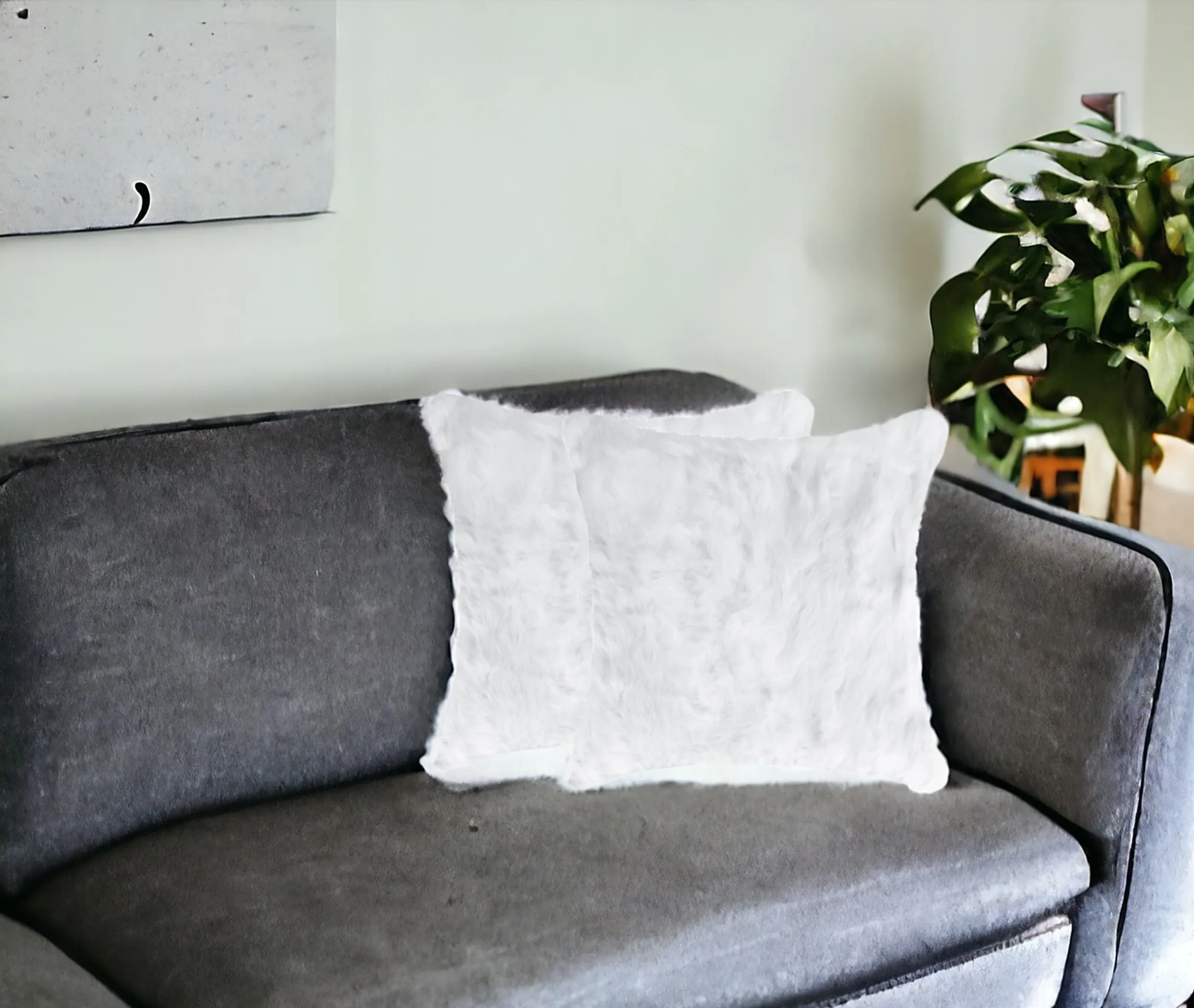 Set Of Two 18" White Rabbit Zippered Natural Fur Throw Pillows - Image 2