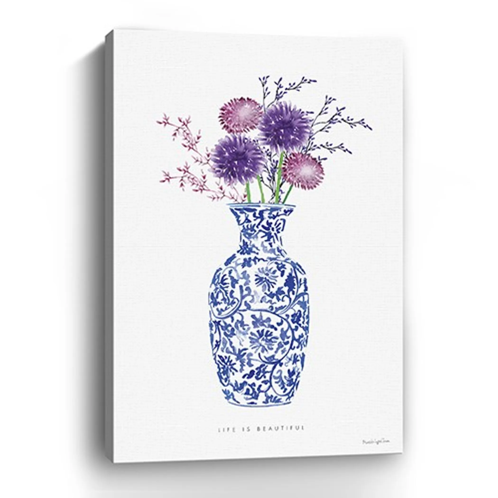 48" x 32" Blue and White Life Floral Vase Canvas Wall Art - Image 2