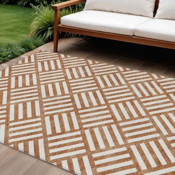 9' X 12' Orange And Ivory Geometric Washable Indoor Outdoor Area Rug