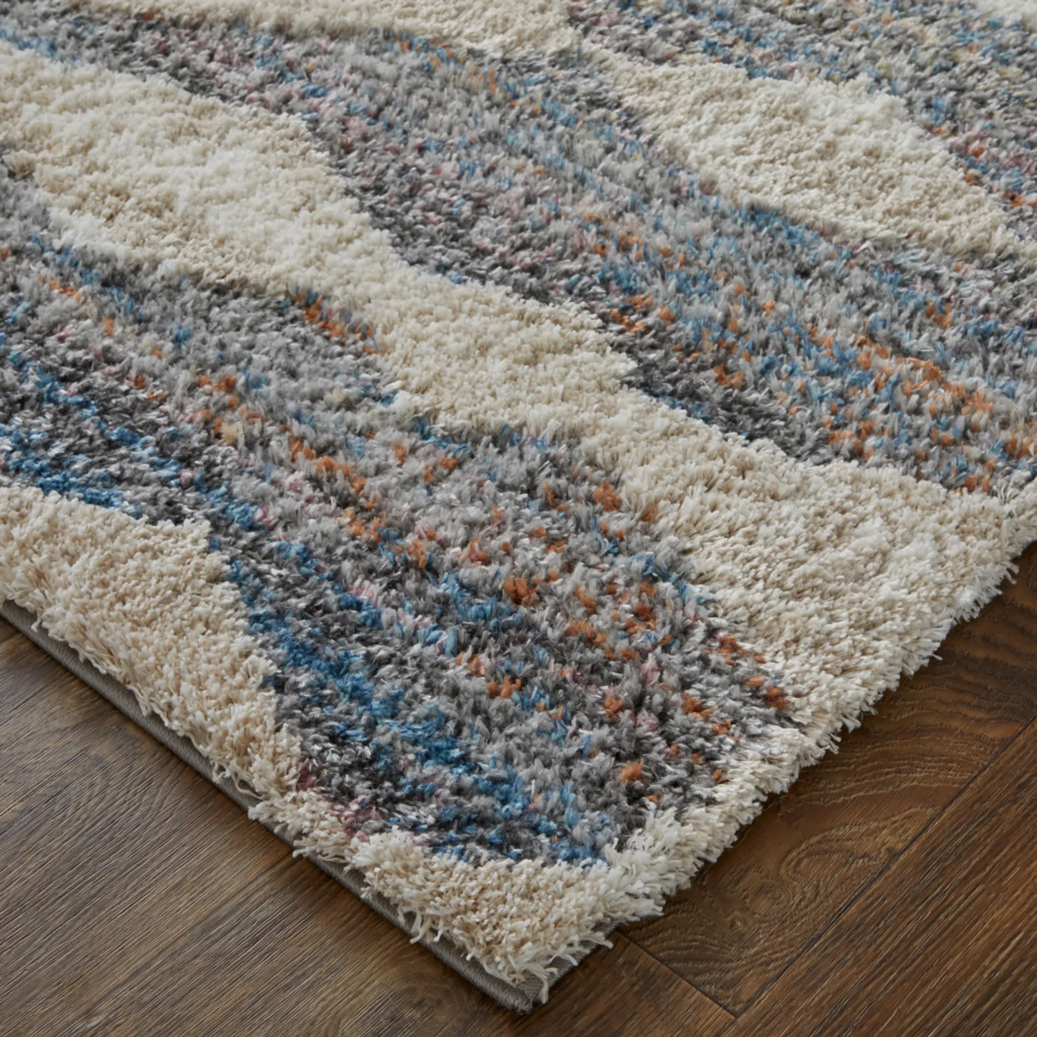 5' X 8' Tan Ivory And Blue Chevron Power Loom Stain Resistant Area Rug - Image 3