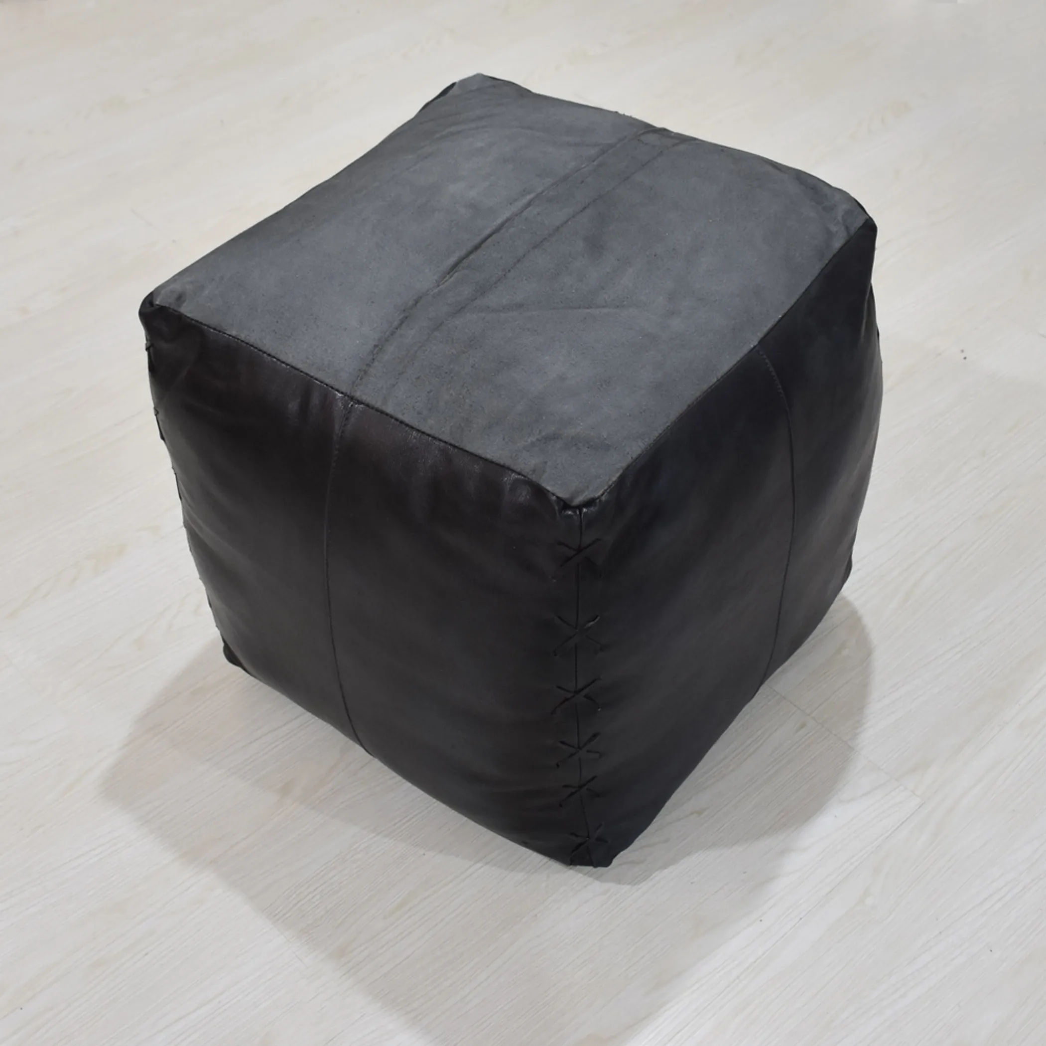 Solid Handmade Goat Leather Square Pouf (Recycled Cotton Fill) - Image 5