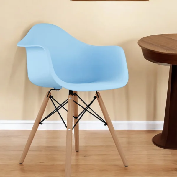Blue And Natural Heavy Duty Plastic And Solid Wood Dining Arm Chair
