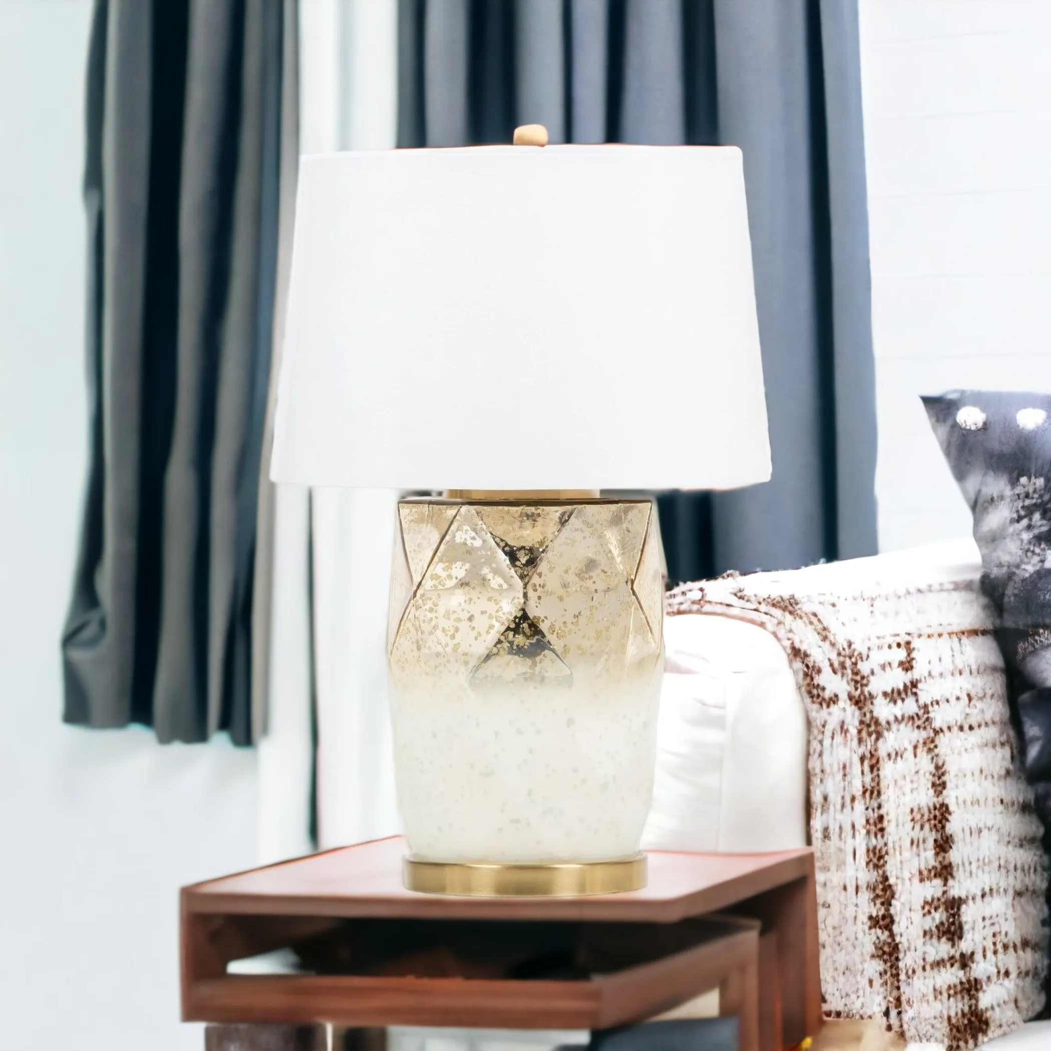 22" White and Gold Mercury Glass Table Lamp With White Cone Shade - Image 3