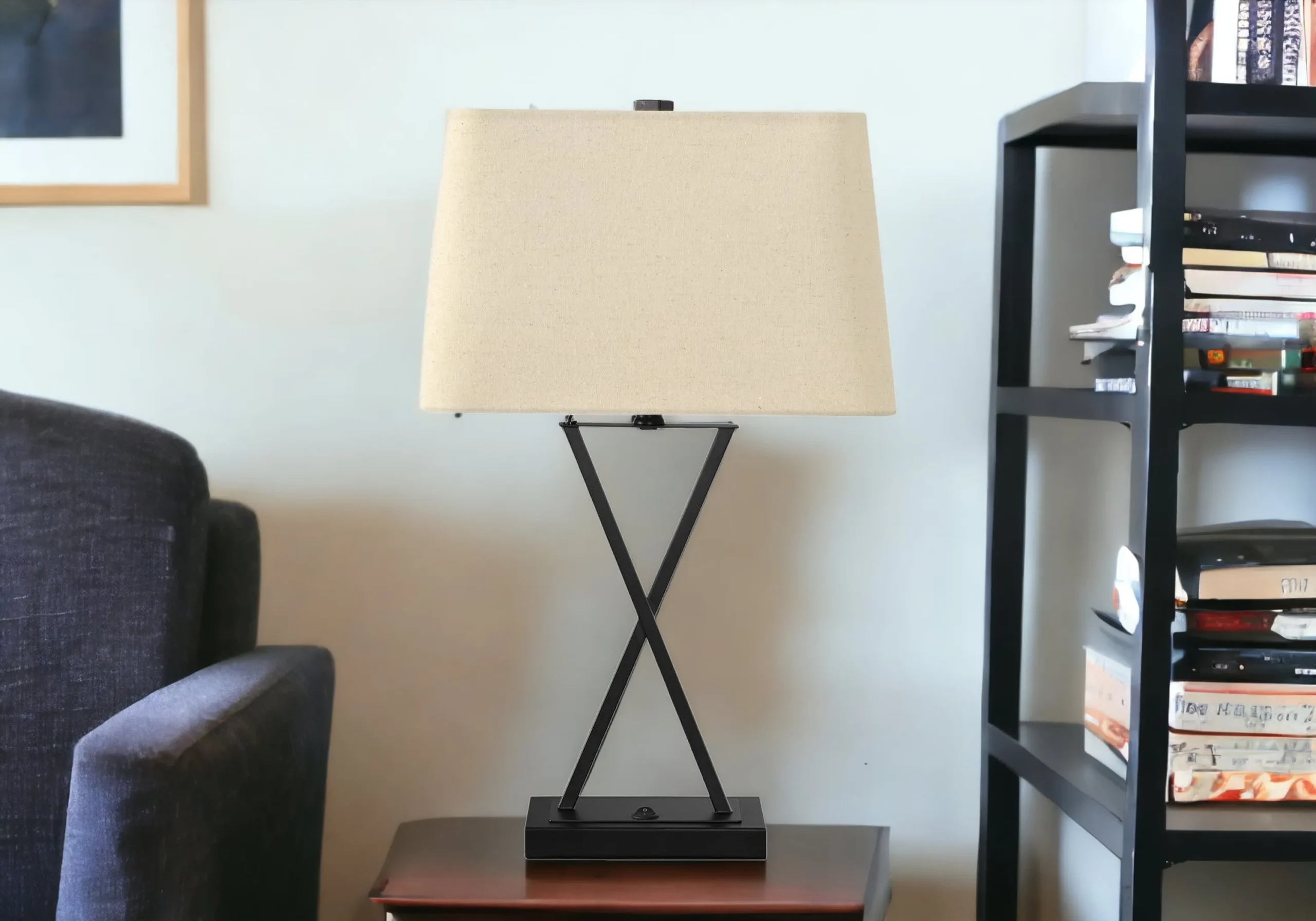 25" Black Metal Geometric USB Table Lamp With Beige Shade - Image 2