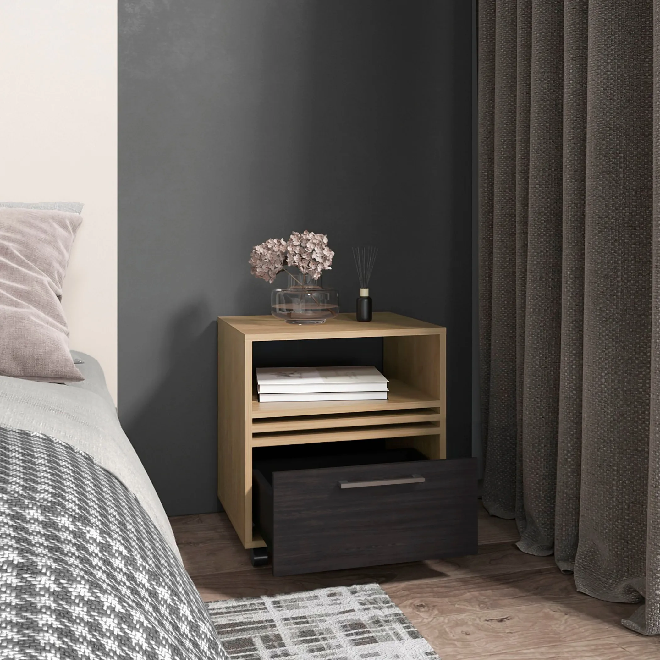 Vance 20" High One Drawer Nightstand, Casters, Mobile, One Shelf, Bedroom Natural Oak - Image 3