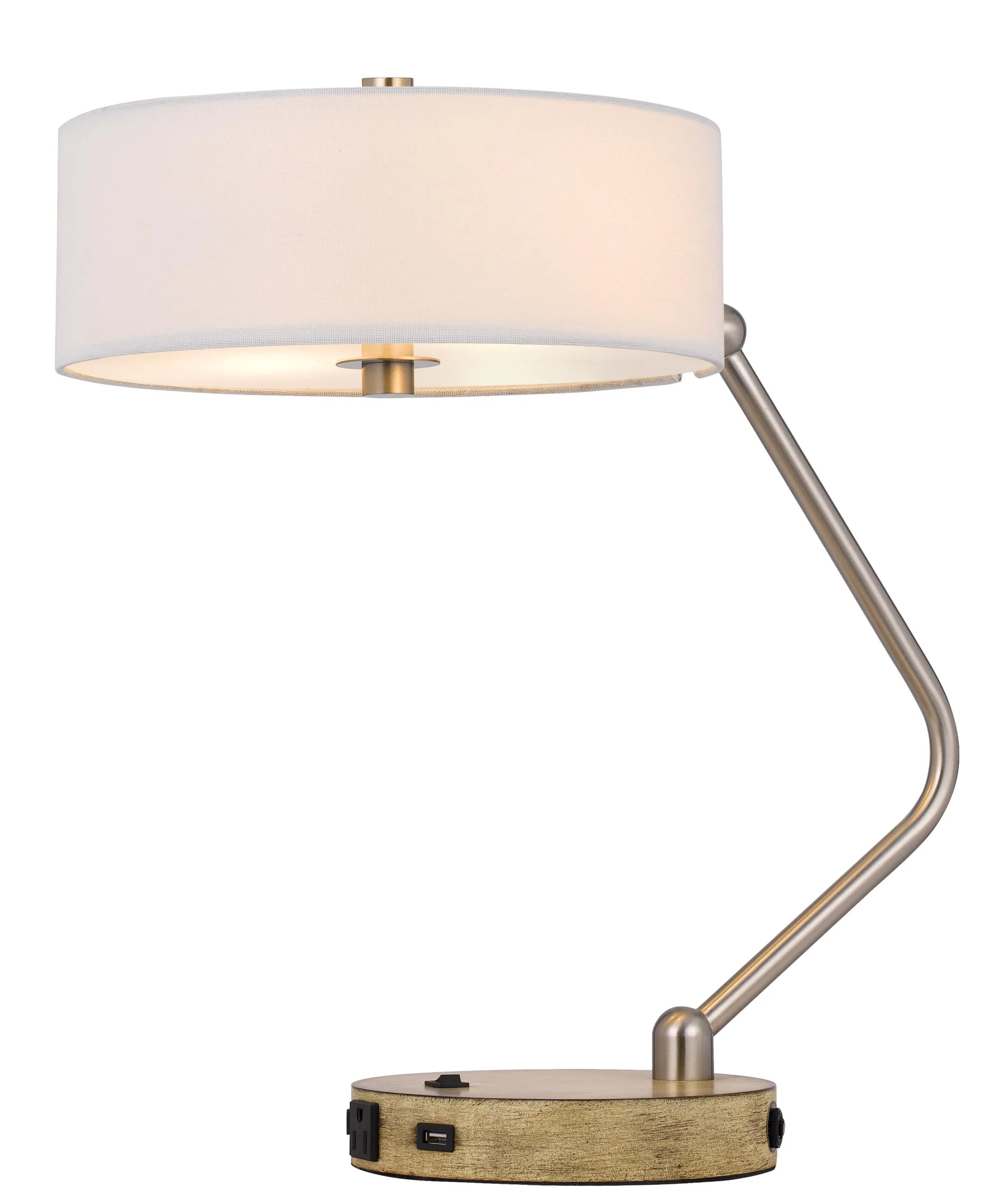 20" Brown Metal Two Light Lantern Desk USB Table Lamp With White Drum Shade - Image 3